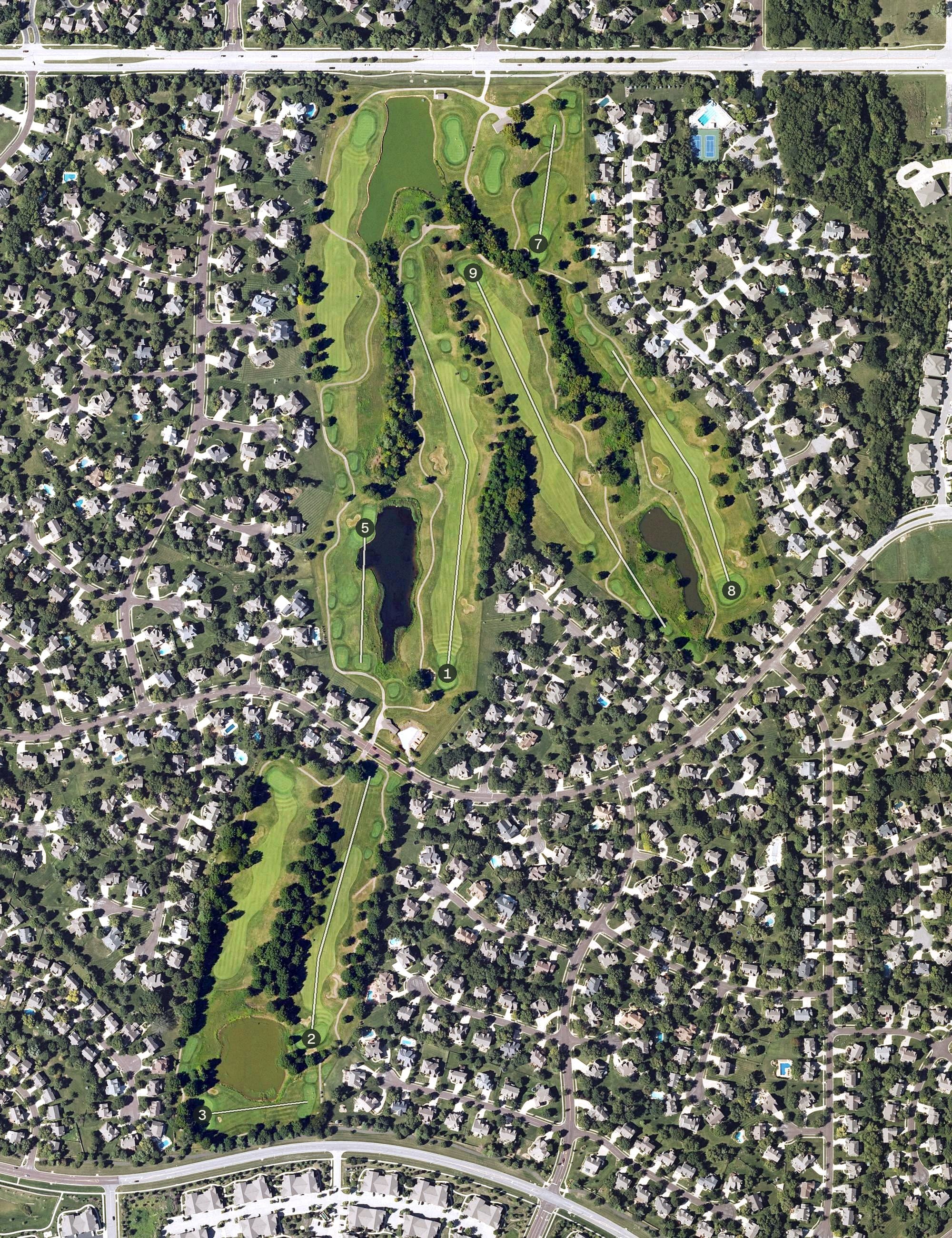 Aerial view of Westlinks Golf Course, KS, with its hole routing marked