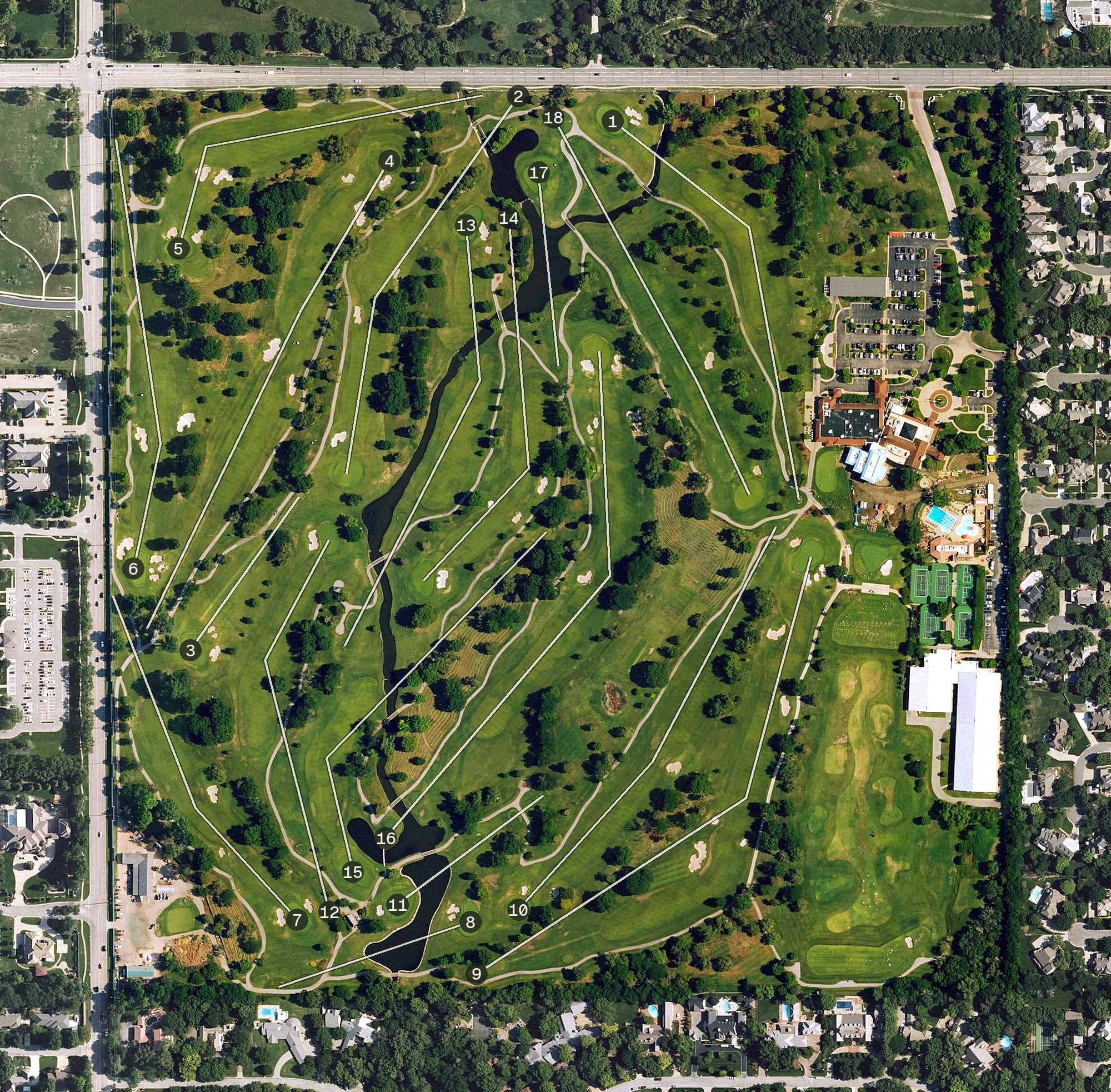 Aerial view of Wichita Country Club, KS, with its hole routing marked