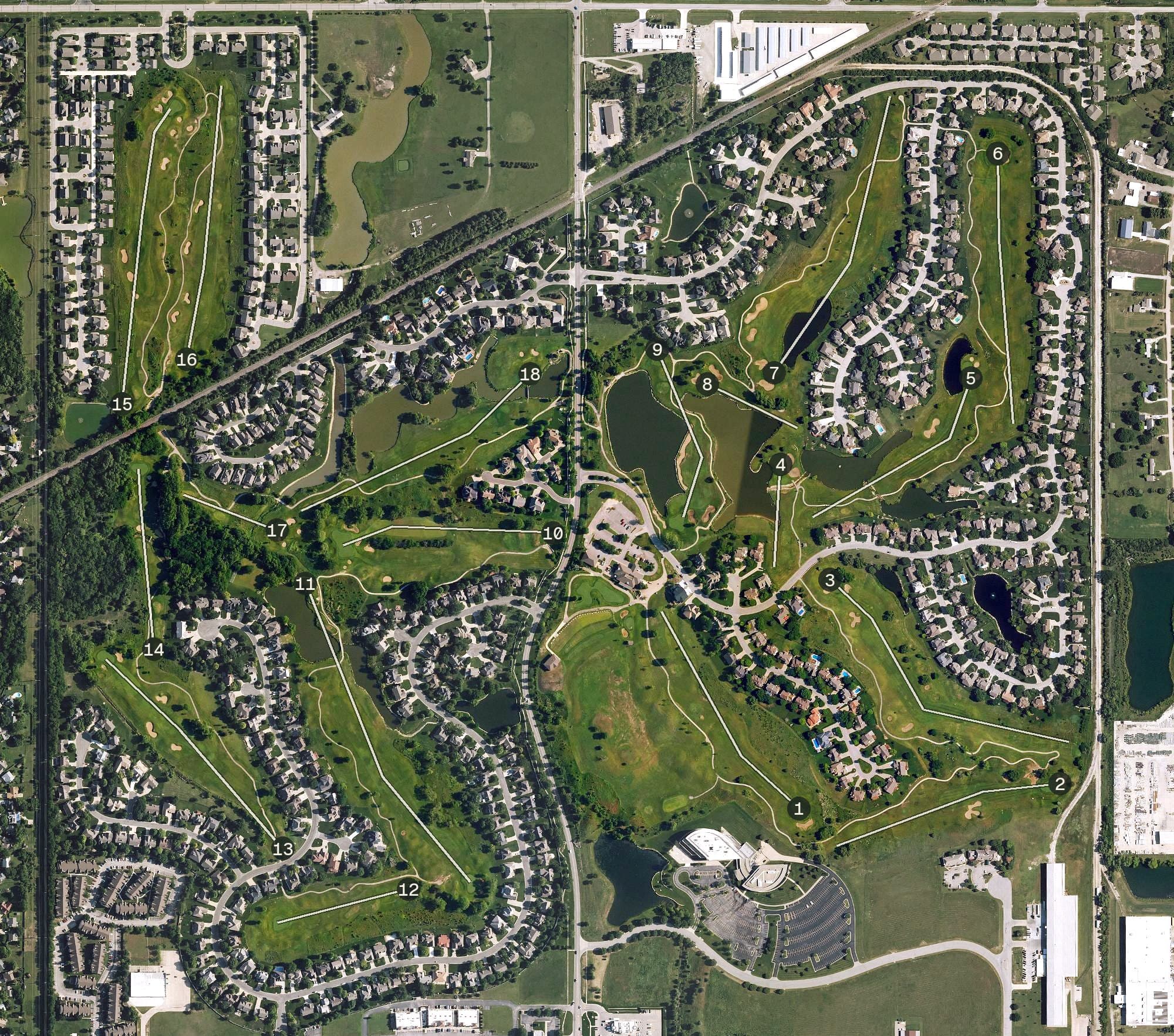 Aerial view of Willowbend Golf Club, KS, with its hole routing marked