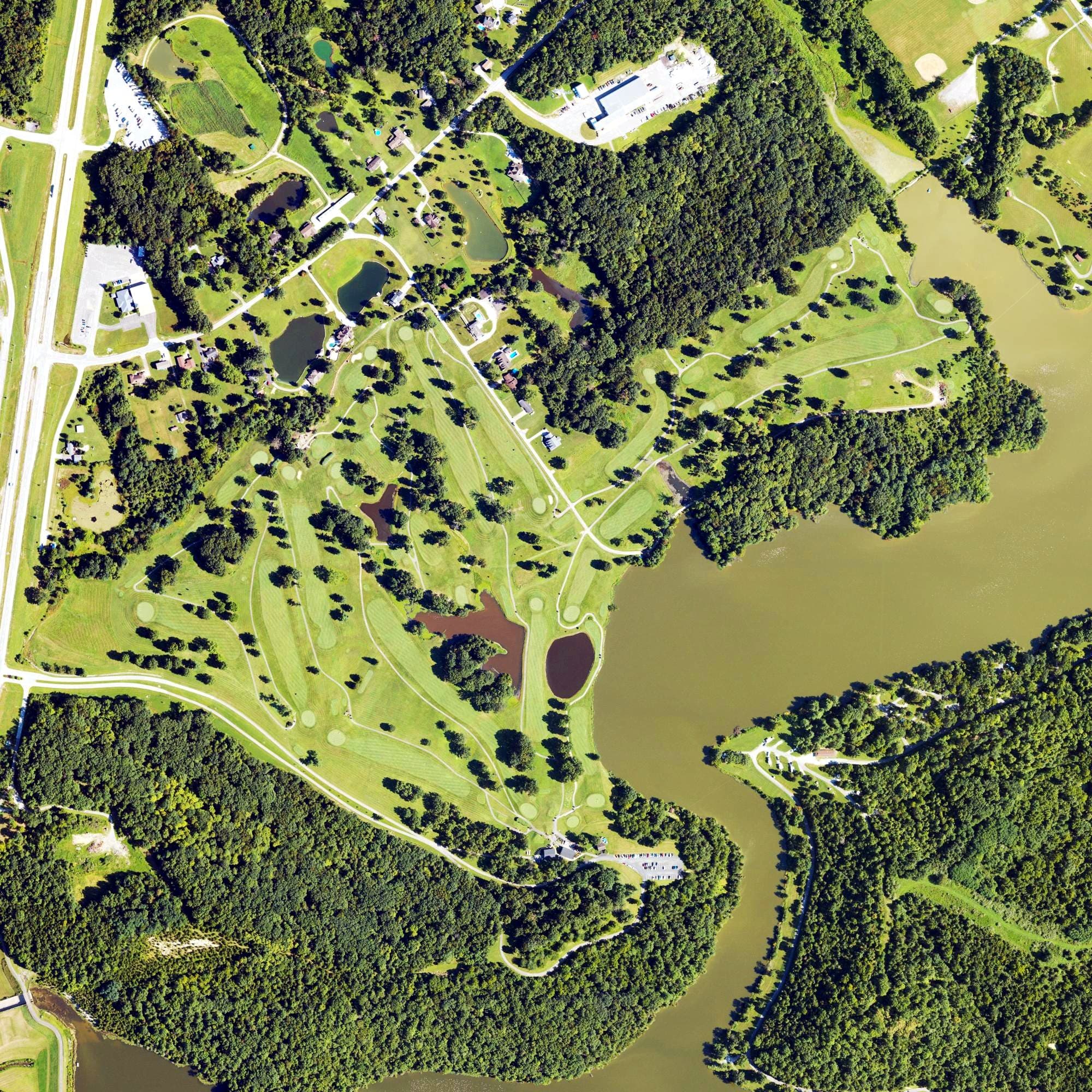 Aerial view of A. J. Jolly Golf Course, KY, with its hole routing marked