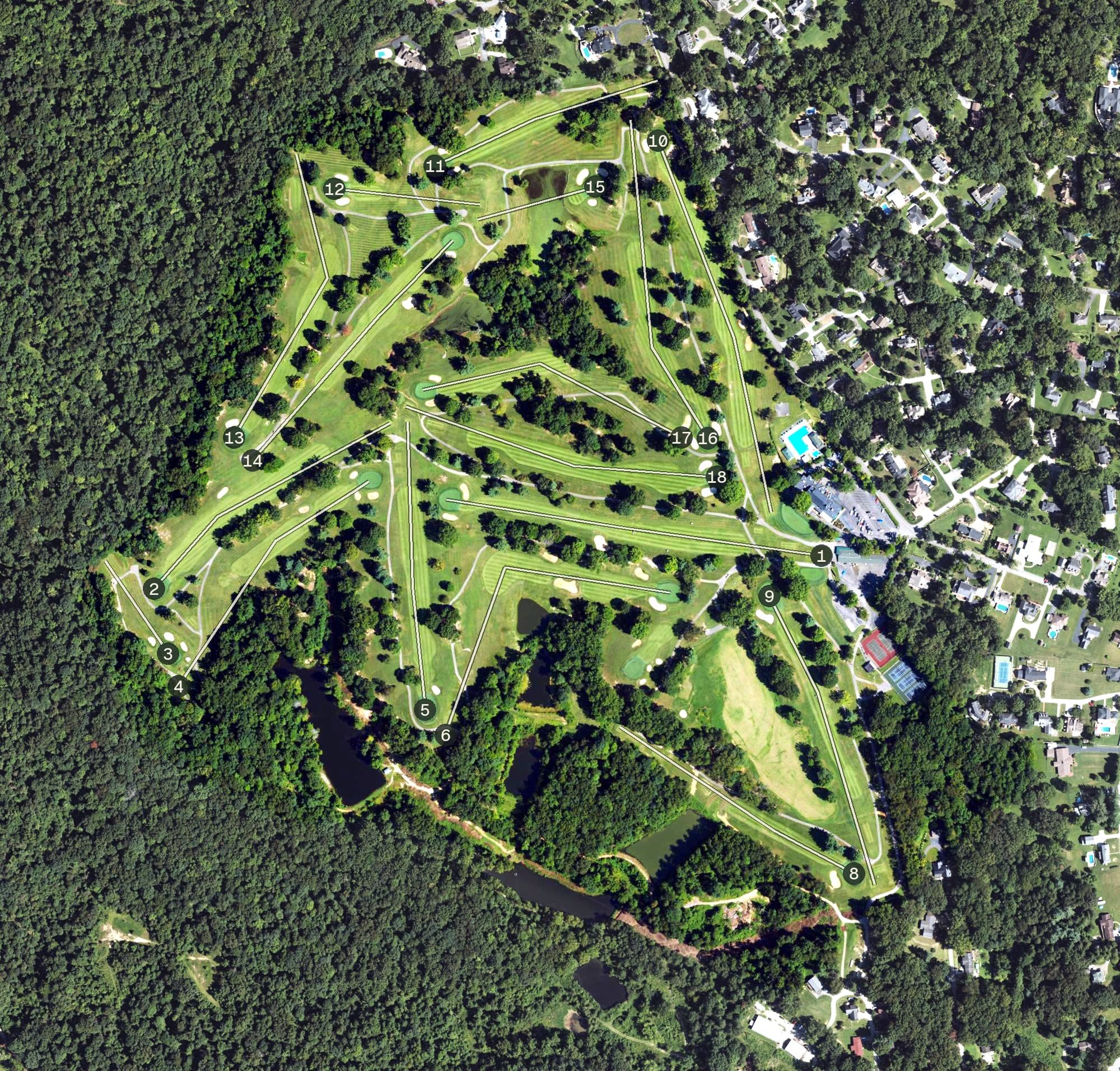 Aerial view of Bellefonte Country Club, KY, with its hole routing marked