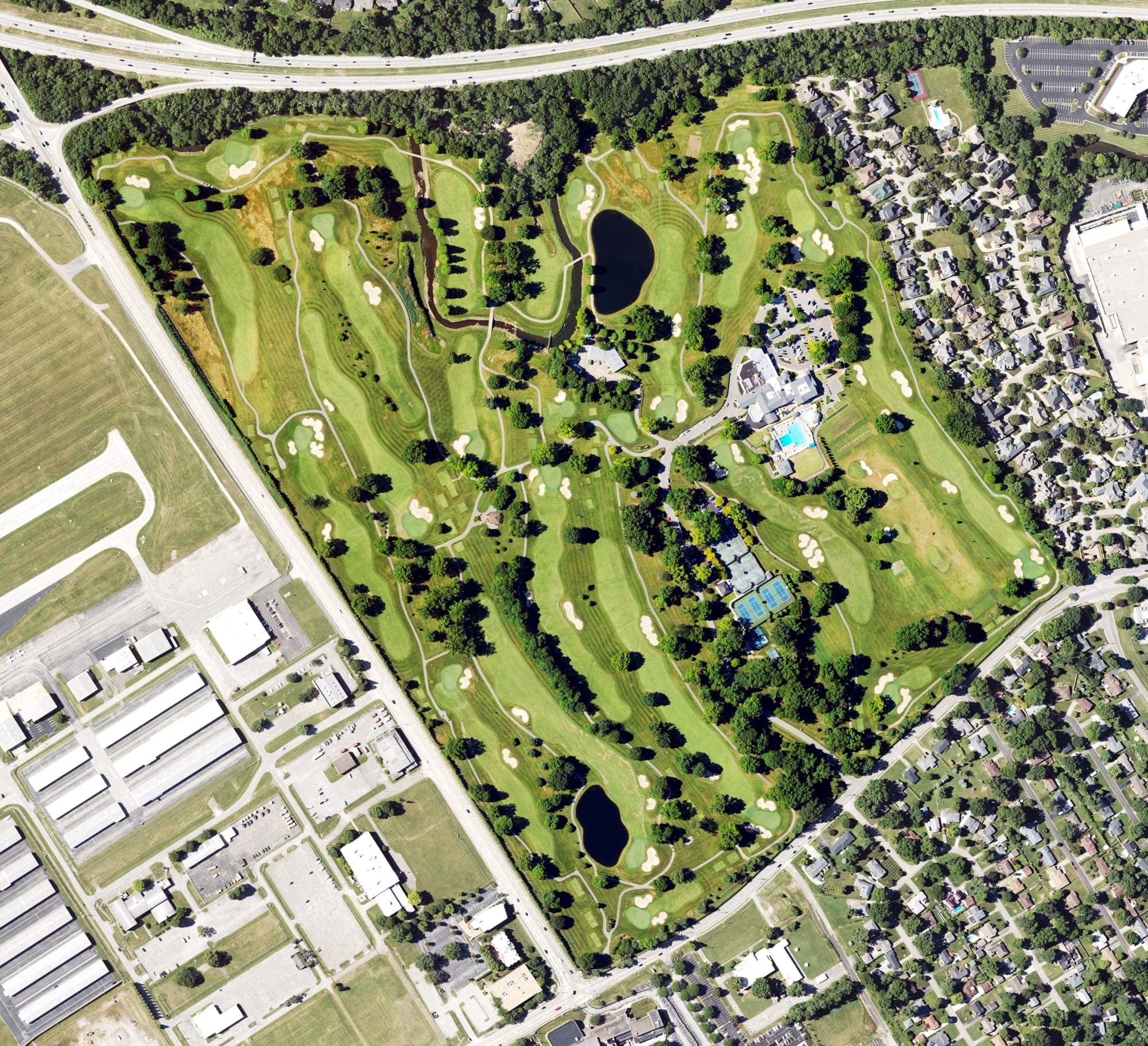 Aerial view of Big Spring Country Club, KY, with its hole routing marked