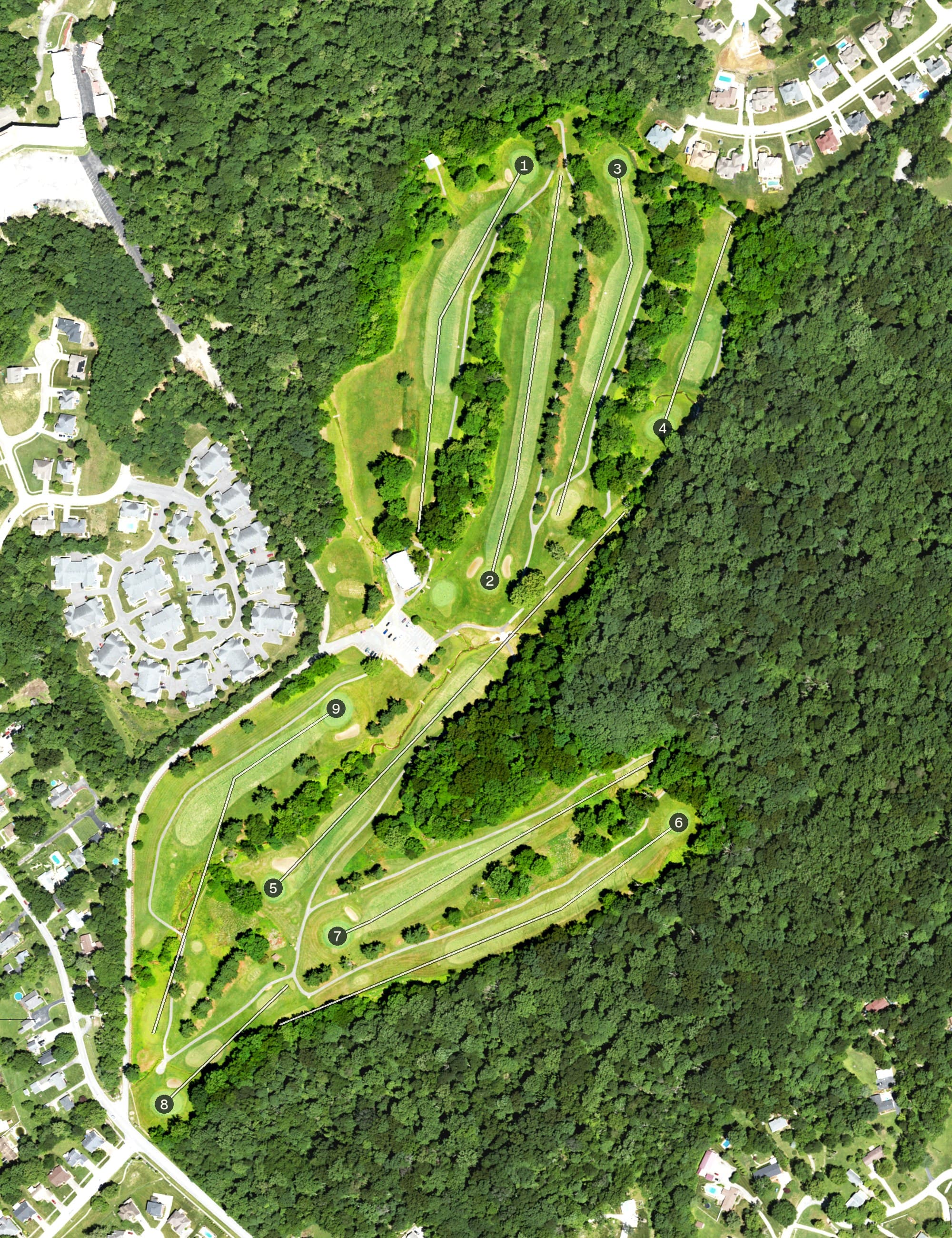 Aerial view of Bobby Nichols Golf Course, KY, with its hole routing marked
