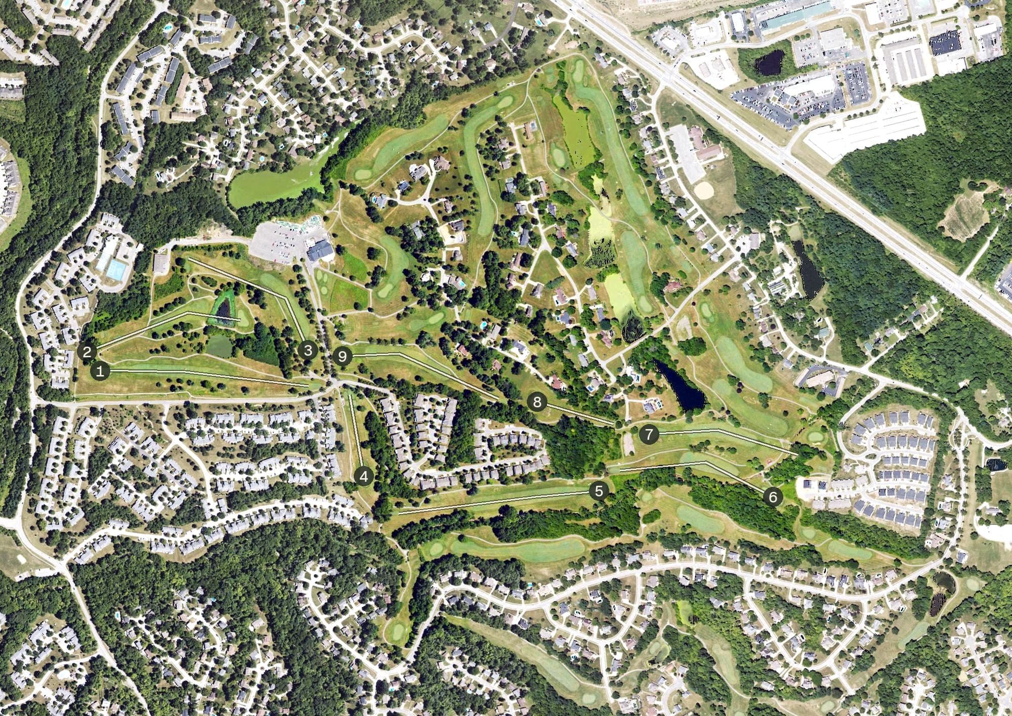 Aerial view of Boone Links Golf Course, KY, with its hole routing marked