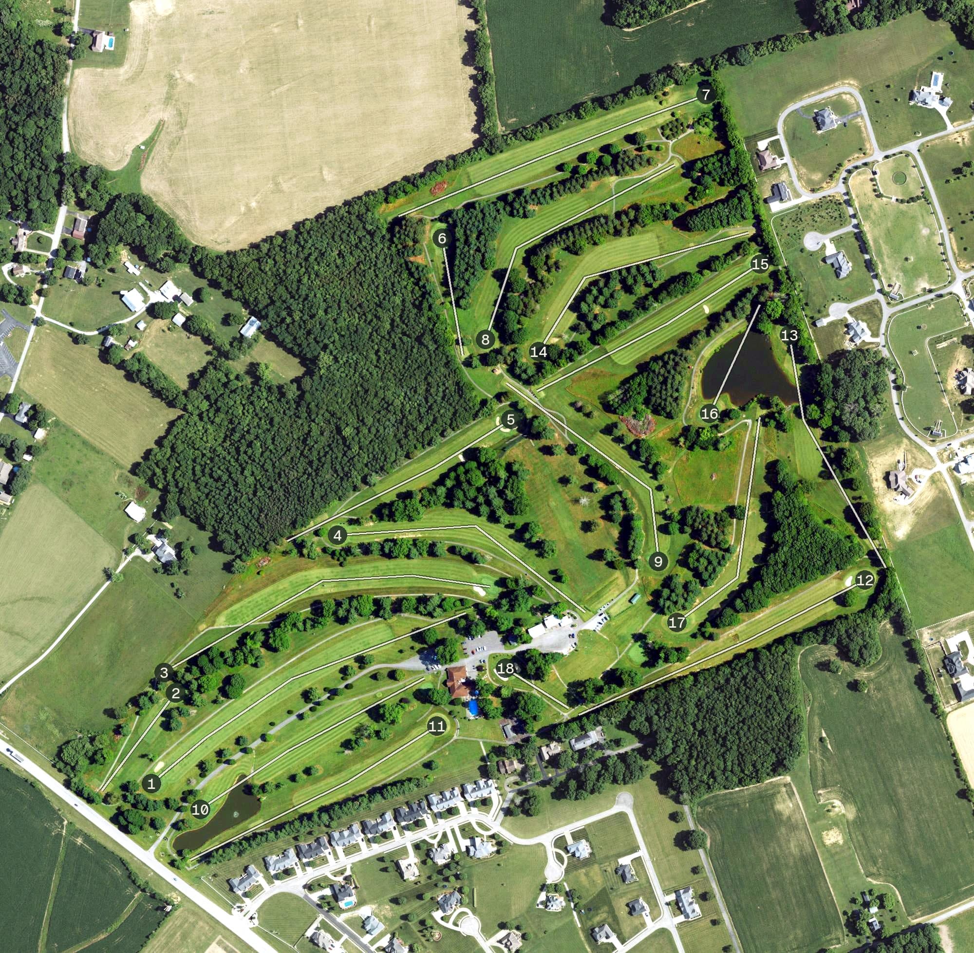 Aerial view of Campbellsville Country Club, KY, with its hole routing marked