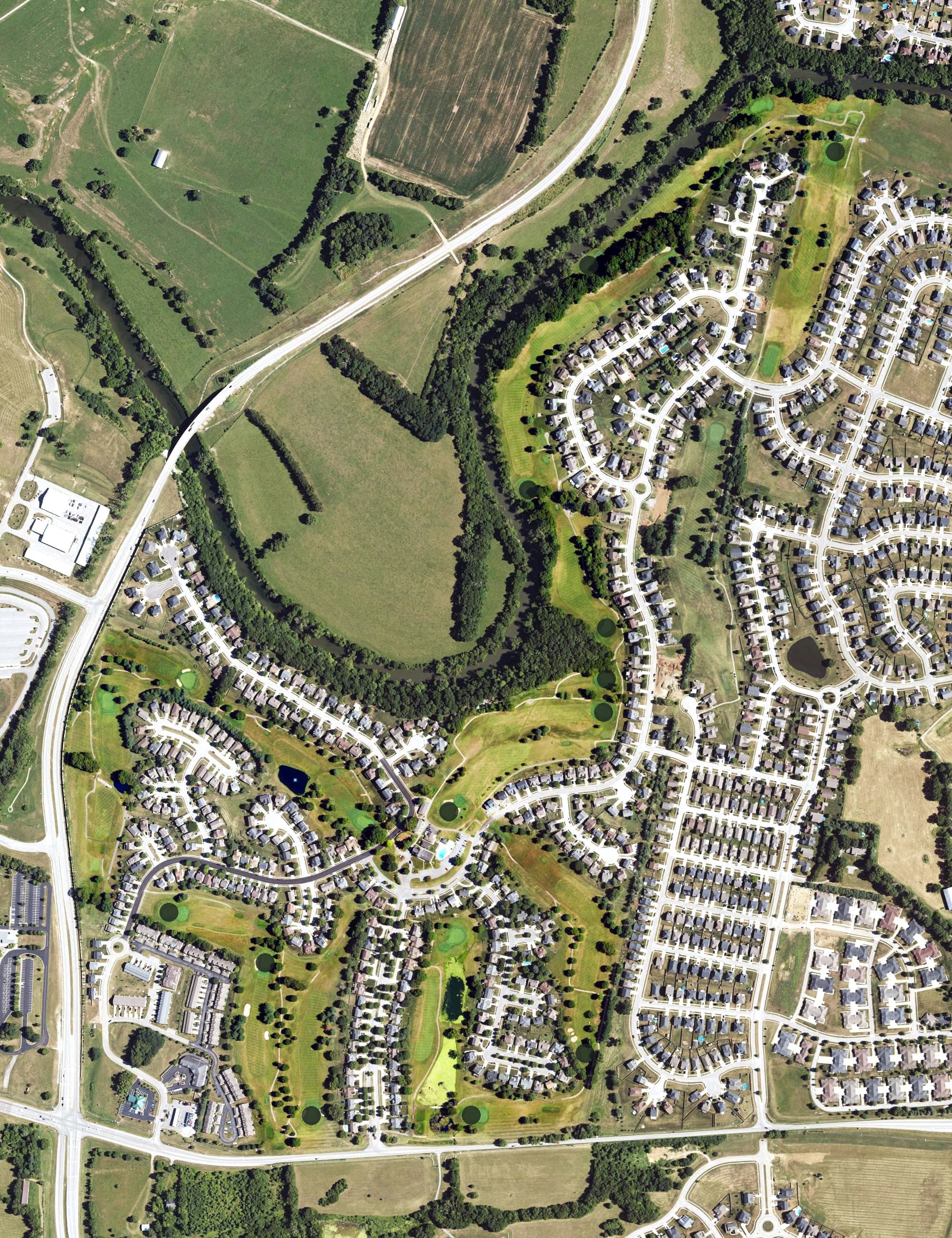 Aerial view of Canewood Golf Course, KY, with its hole routing marked