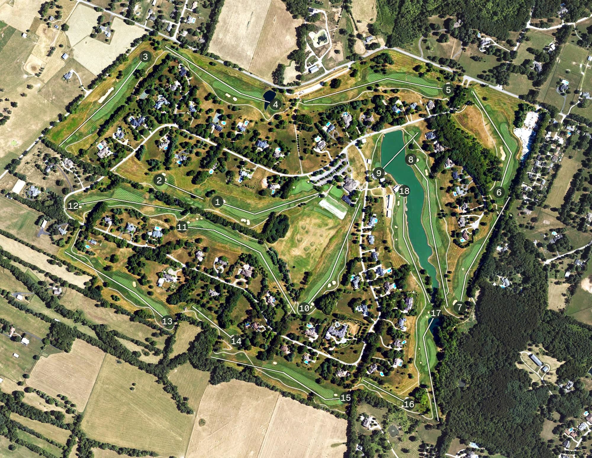 Aerial view of Champions Trace, KY, with its hole routing marked