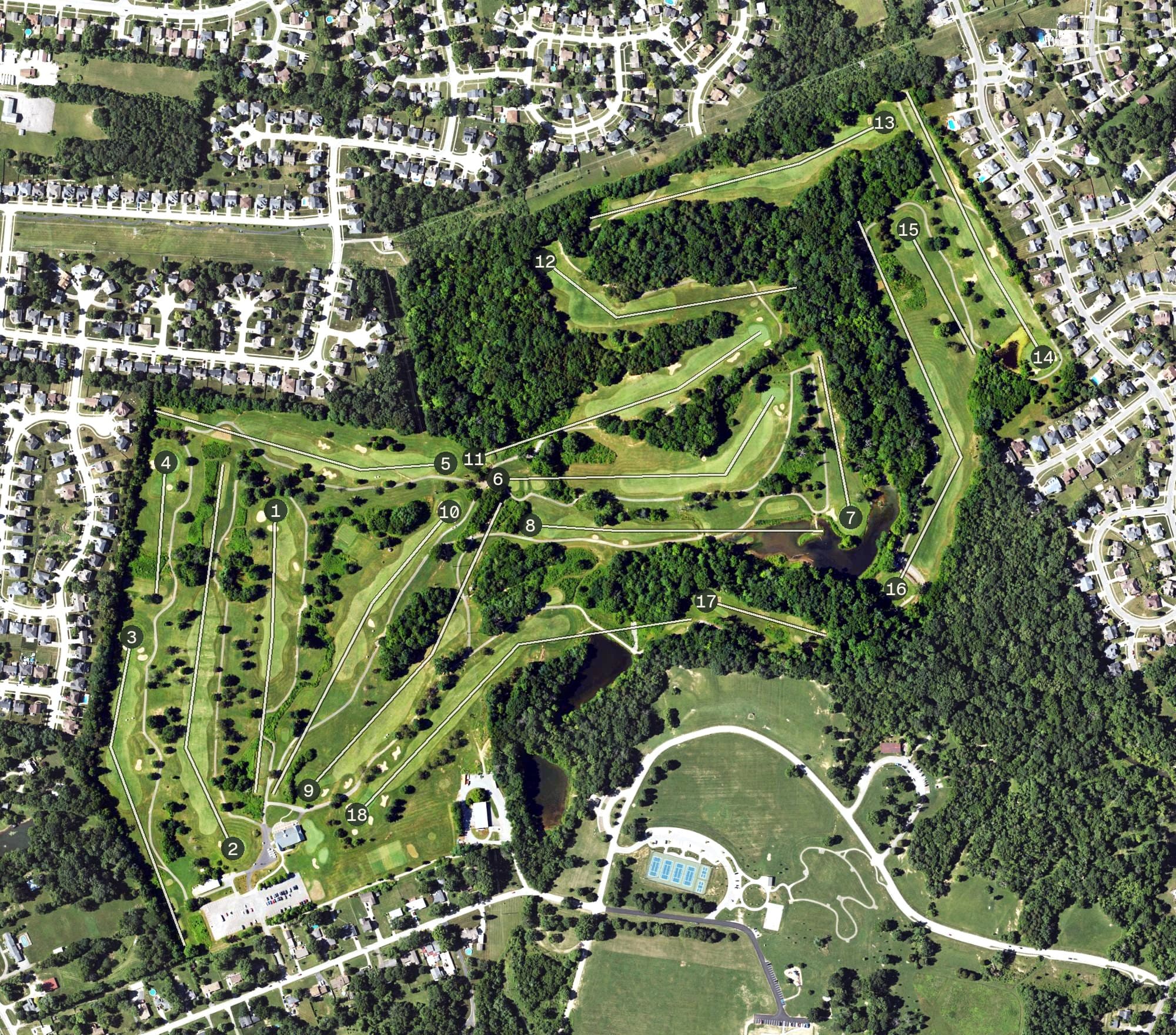 Aerial view of Charlie Vettner Golf Course, KY, with its hole routing marked