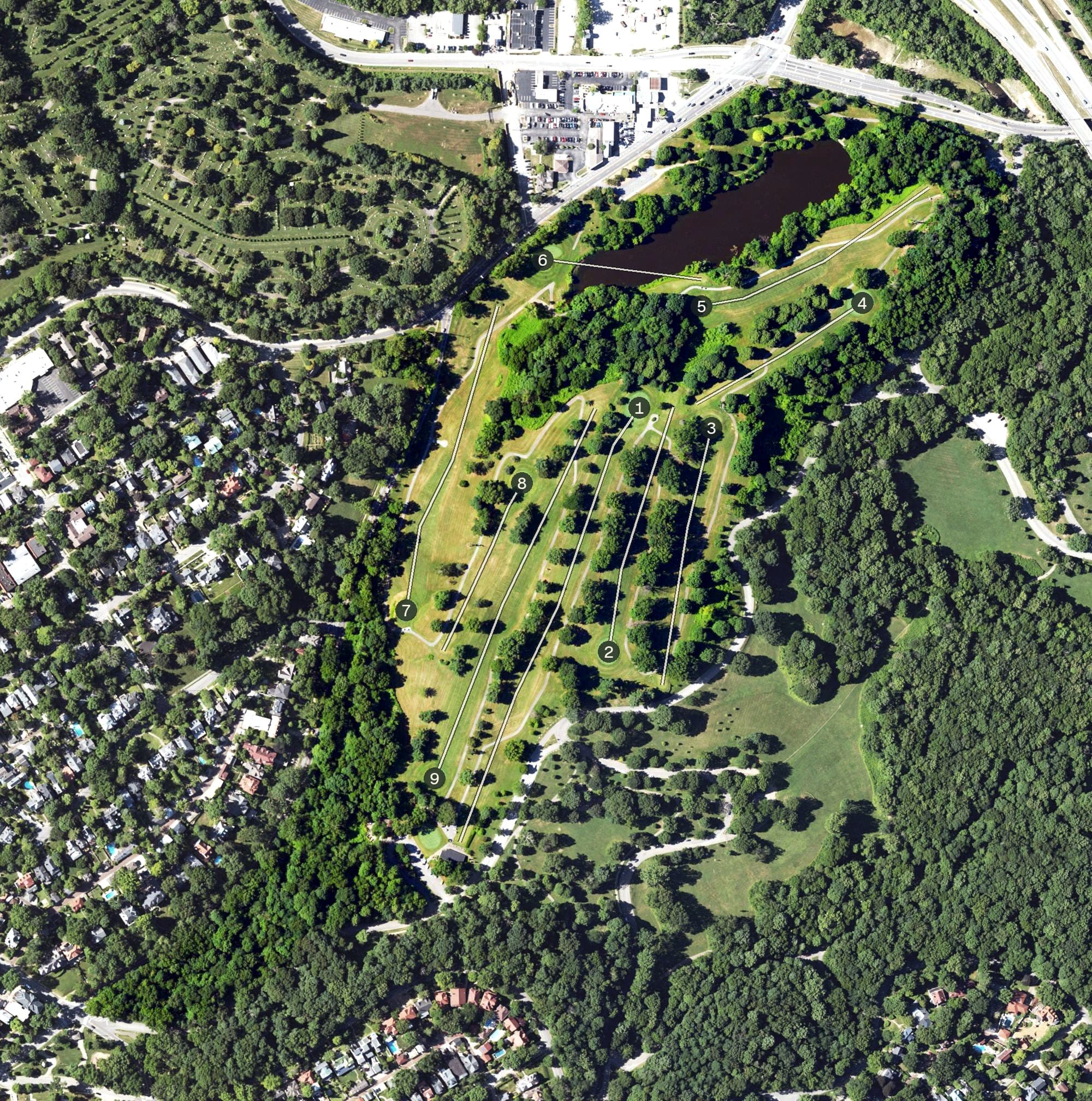 Aerial view of Cherokee Golf Course, KY, with its hole routing marked