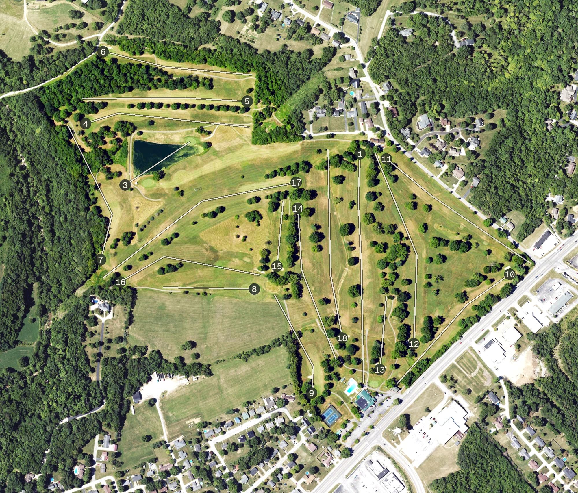 Aerial view of Deerfield Golf Club, KY, with its hole routing marked