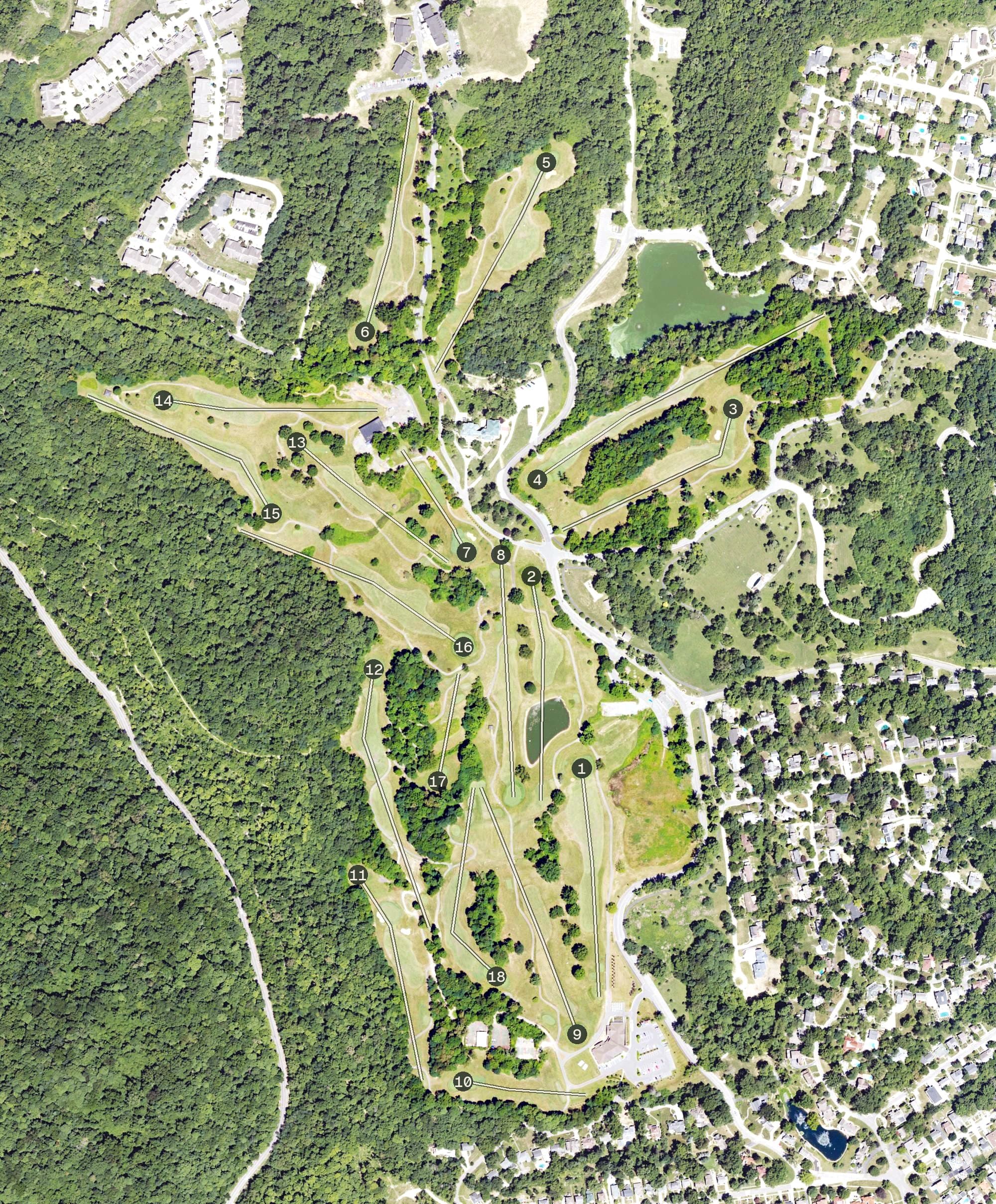 Aerial view of Devou Golf & Event Center, KY, with its hole routing marked