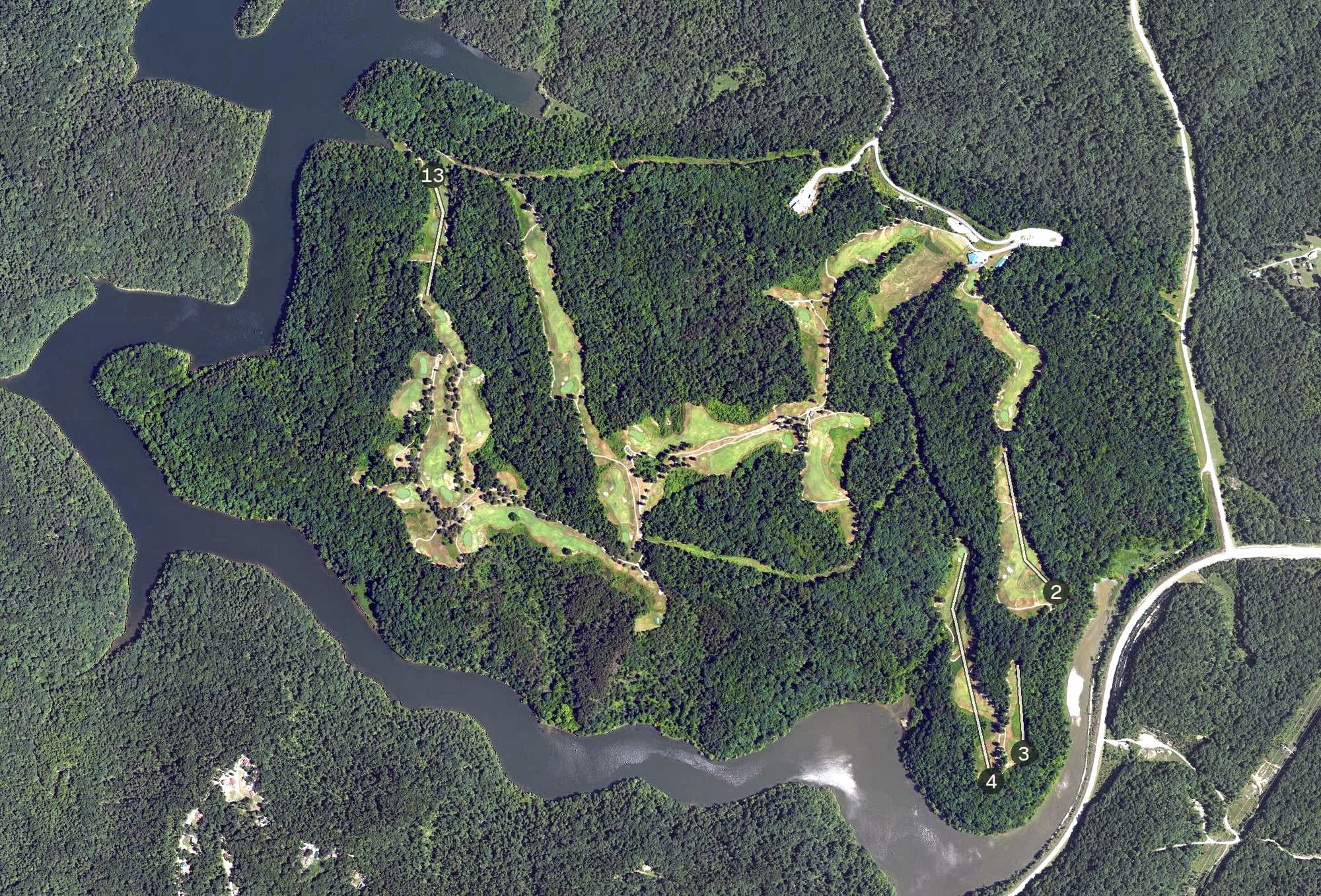 Aerial view of Eagle Ridge Golf Course, KY, with its hole routing marked