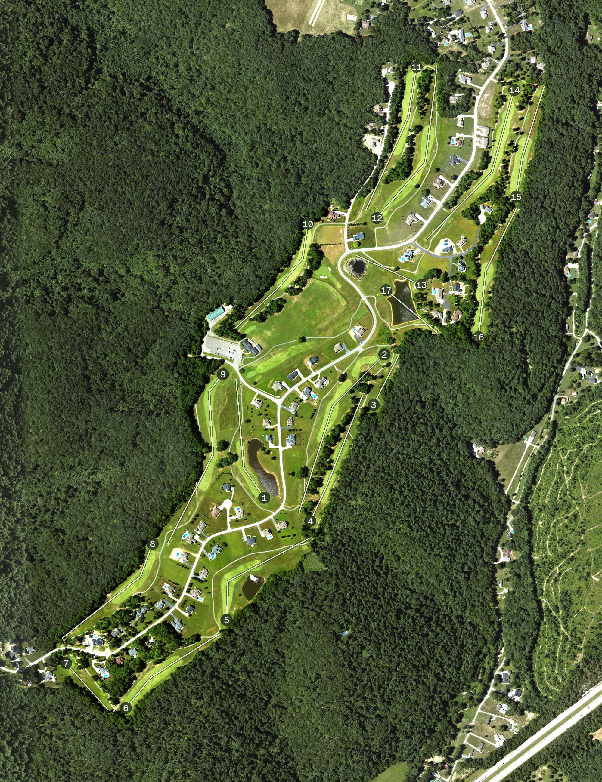 Aerial view of Eagle Trace Golf Course, KY, with its hole routing marked