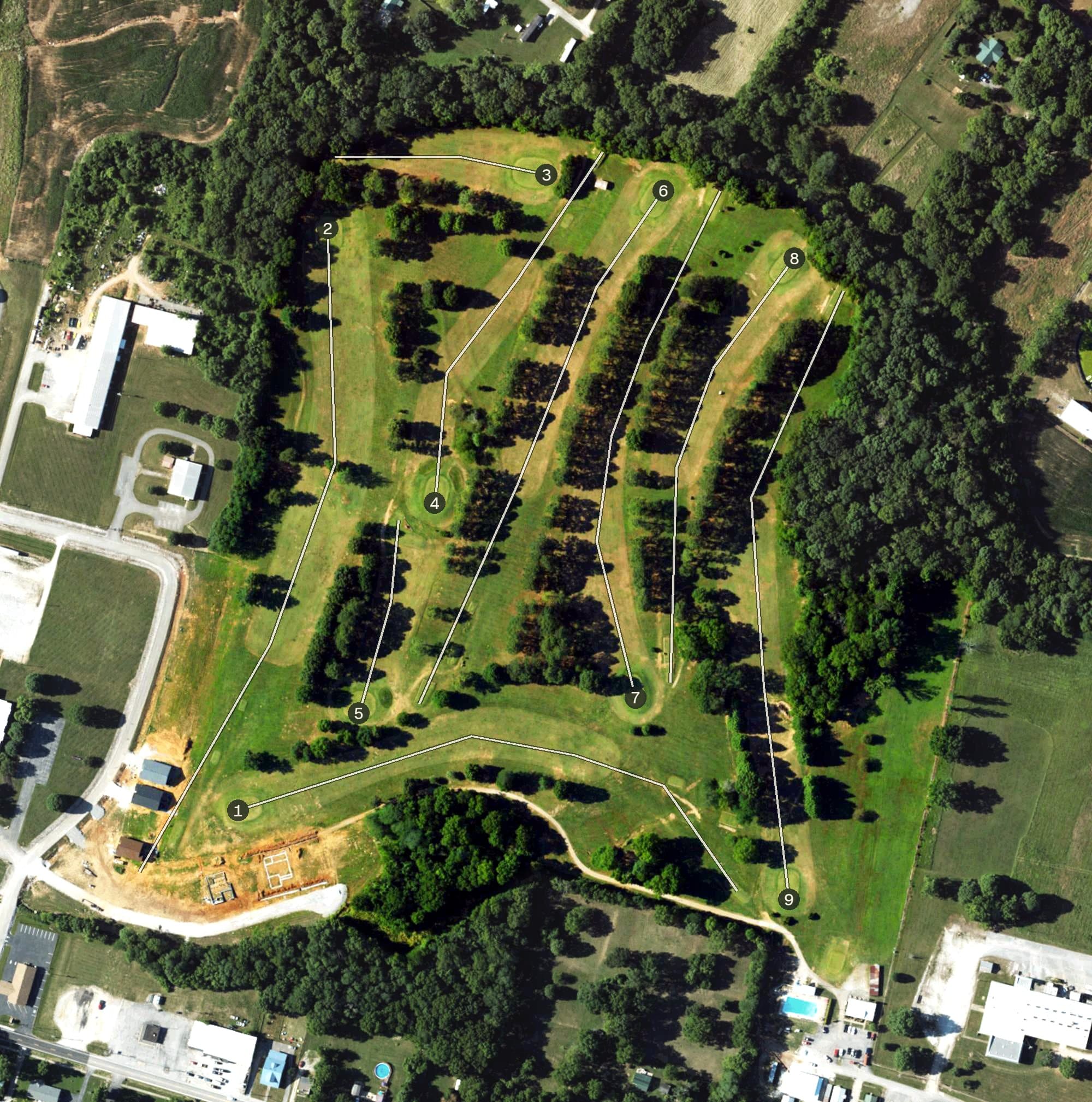 Aerial view of Elk Fork Country Club, KY, with its hole routing marked