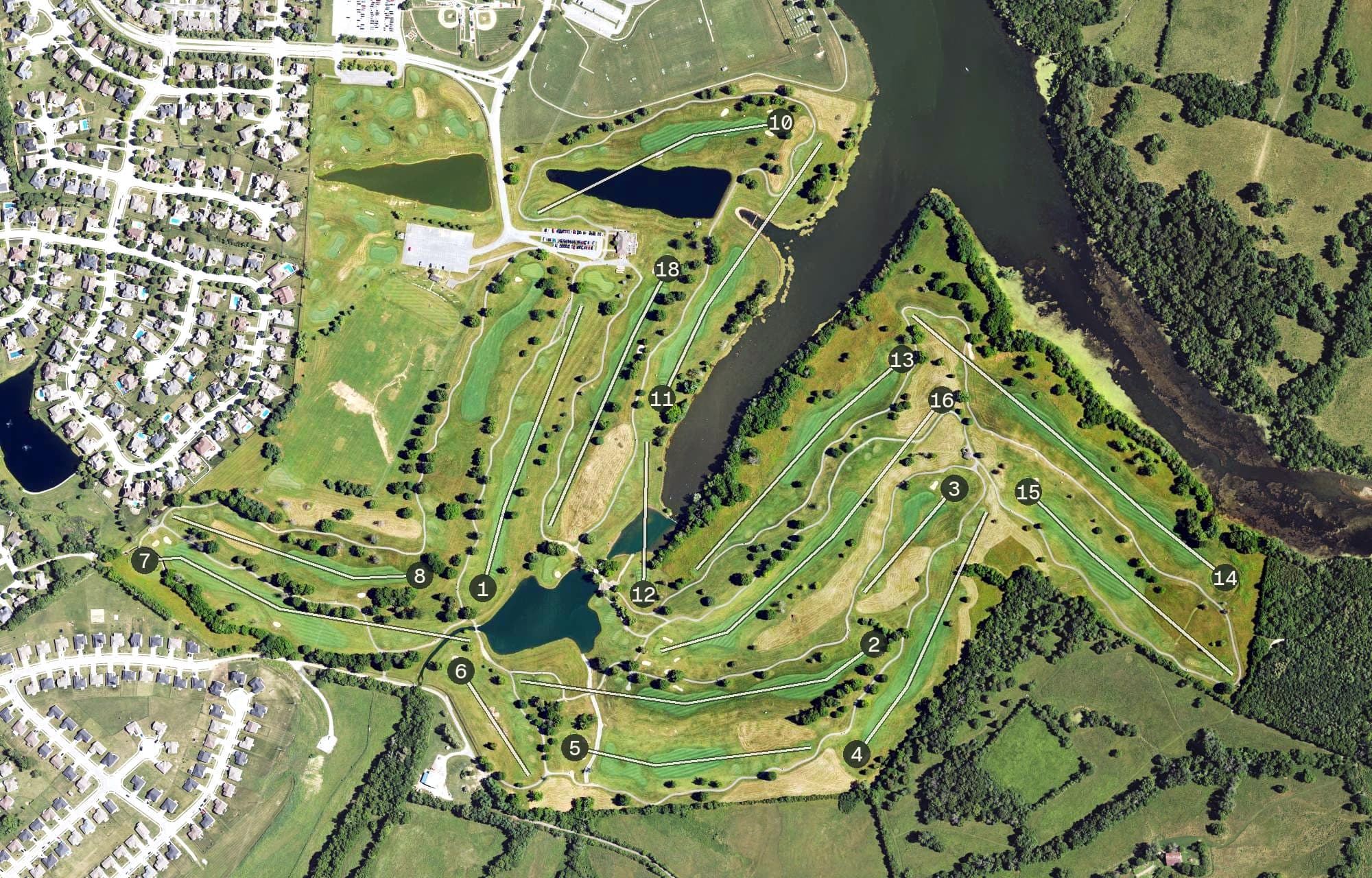 Aerial view of Gibson Bay Golf Course, KY, with its hole routing marked