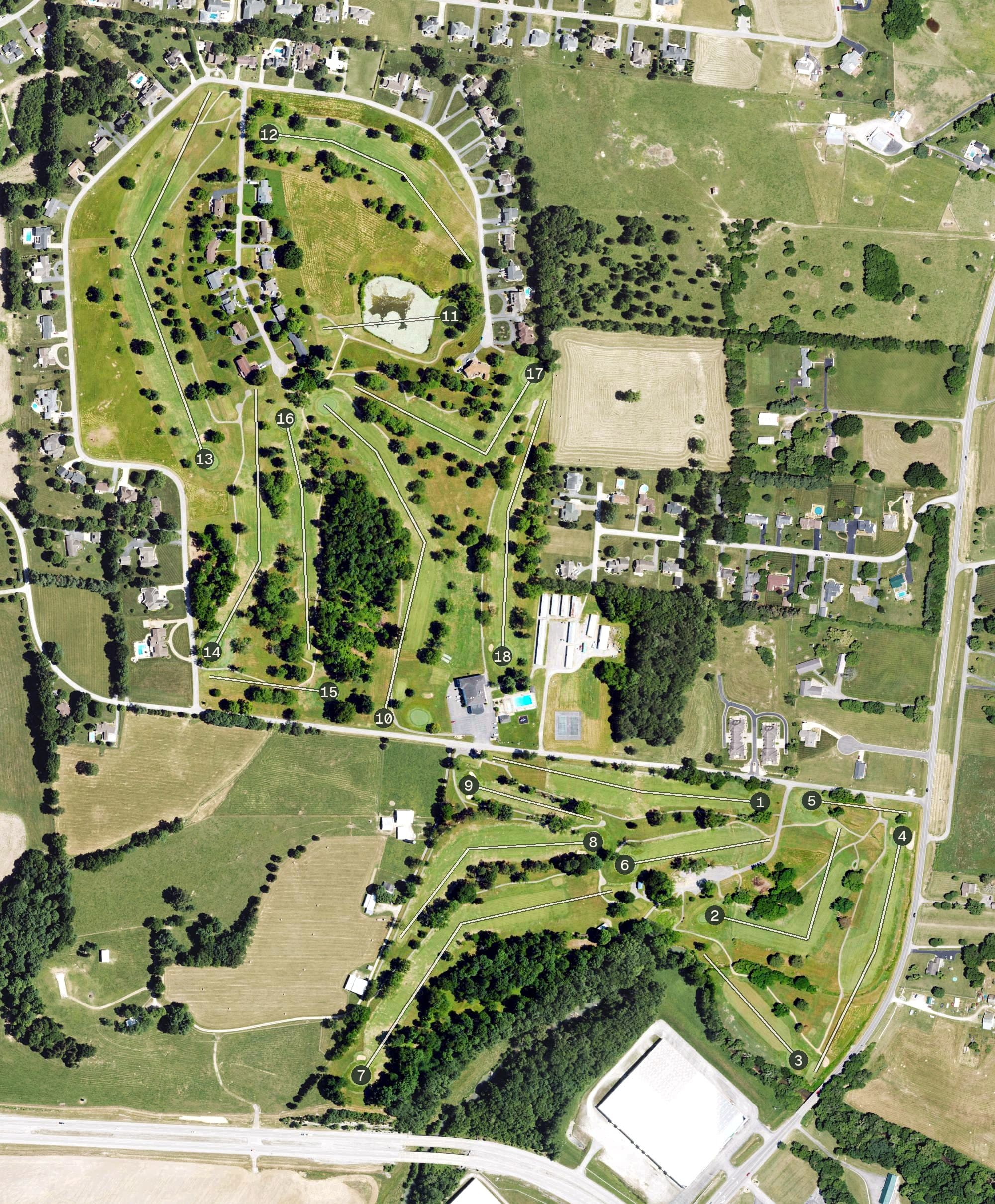 Aerial view of Glasgow Golf and Country Club, KY, with its hole routing marked