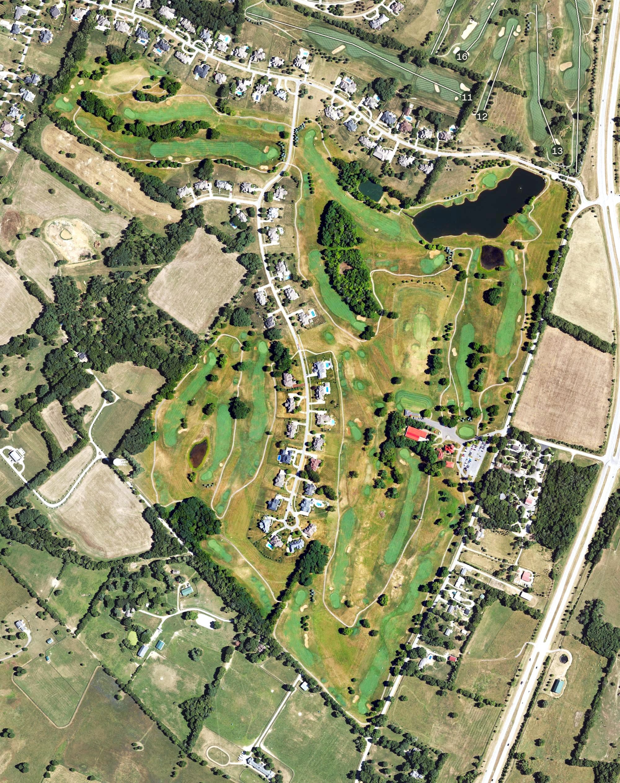Aerial view of Golf Club of the Bluegrass, KY, with its hole routing marked