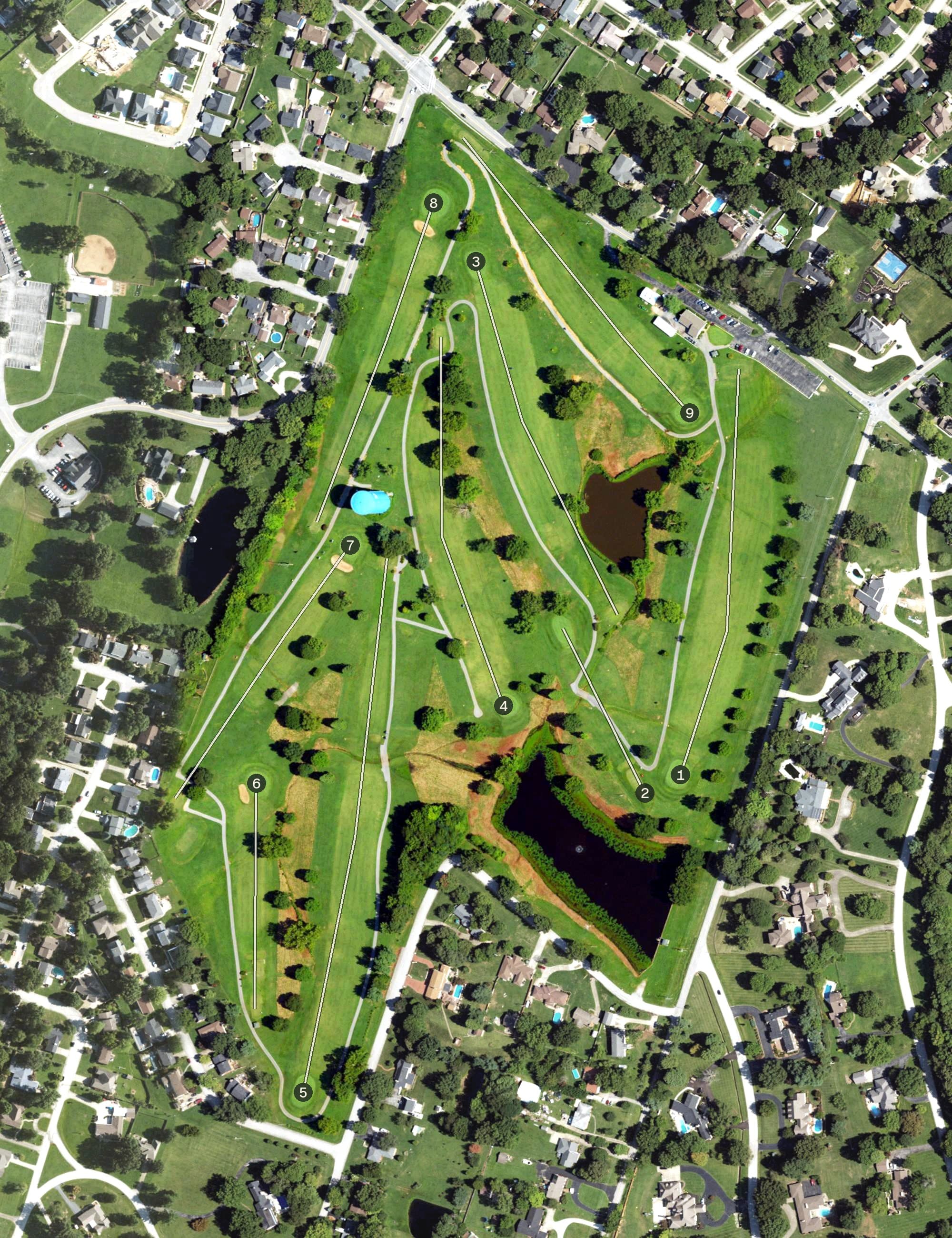 Aerial view of Hillcrest, KY, with its hole routing marked