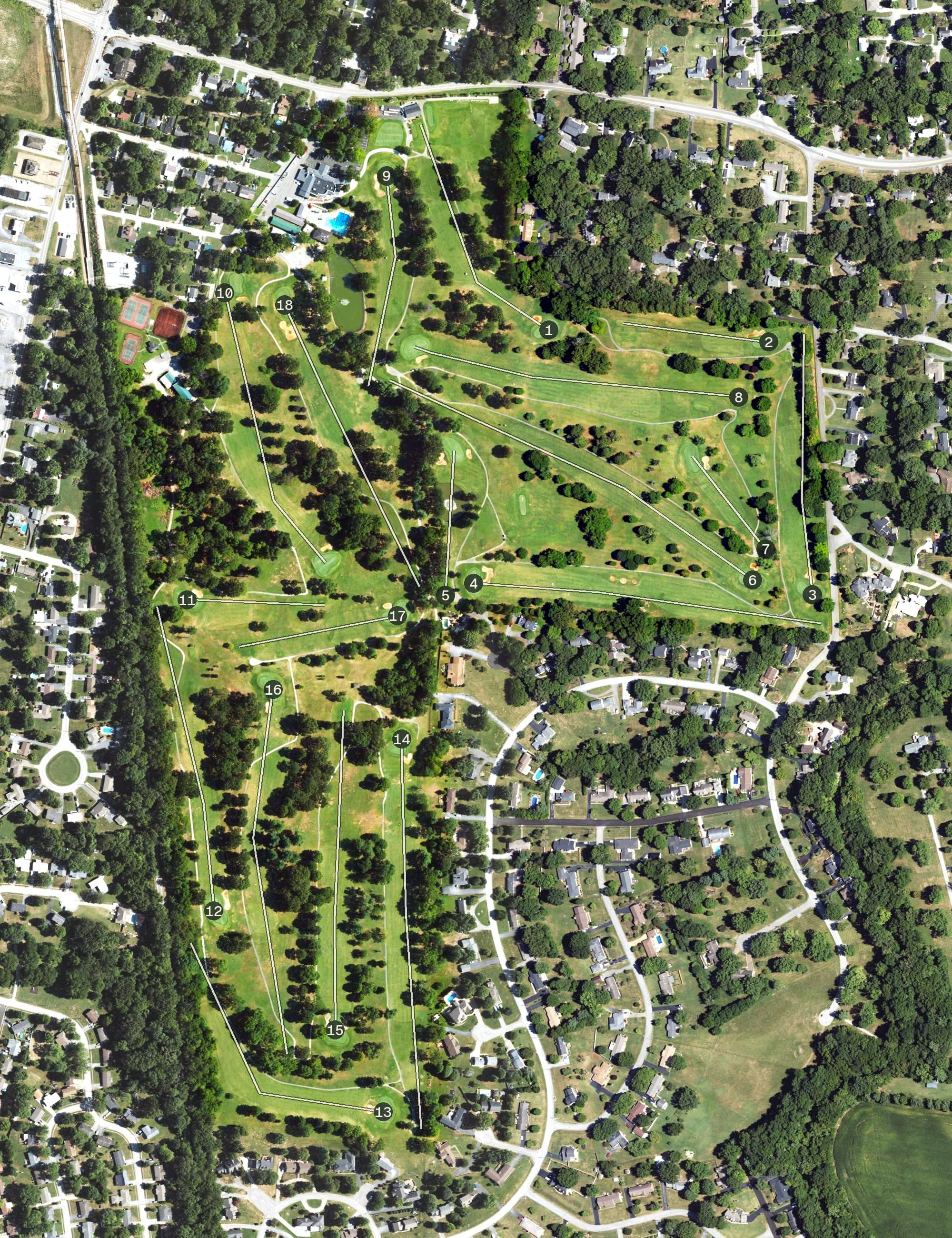 Aerial view of Hopkinsville Golf and Country Club, KY, with its hole routing marked