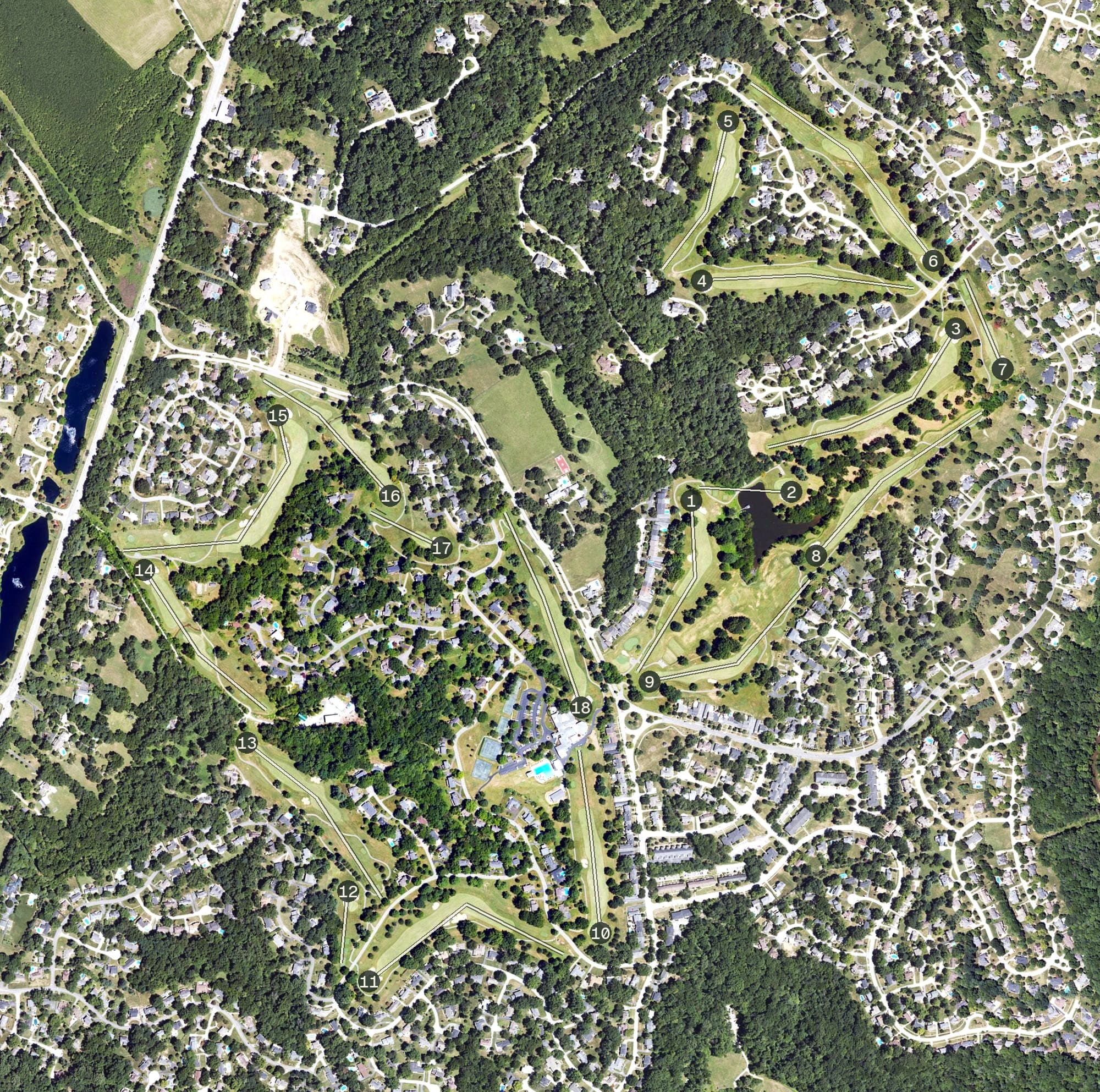 Aerial view of Hunting Creek Golf Course, KY, with its hole routing marked