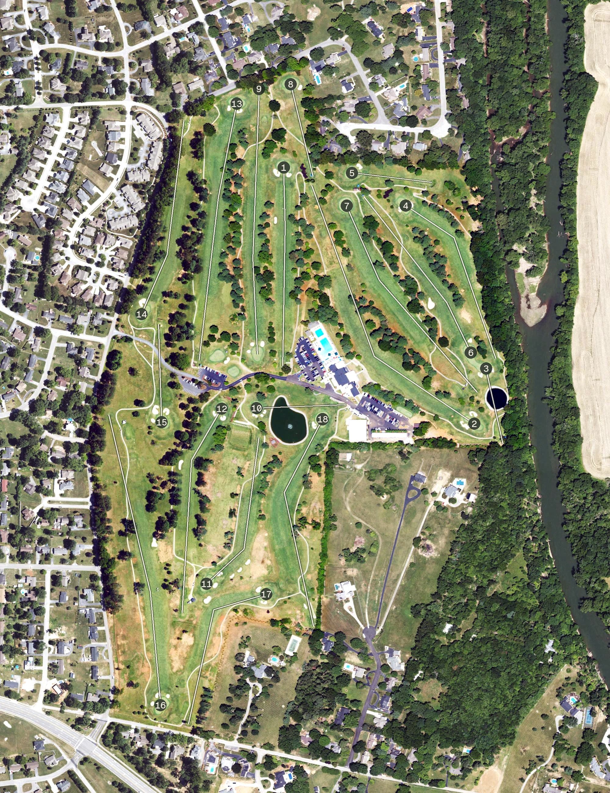 Aerial view of Indian Hills Country Club, KY, with its hole routing marked