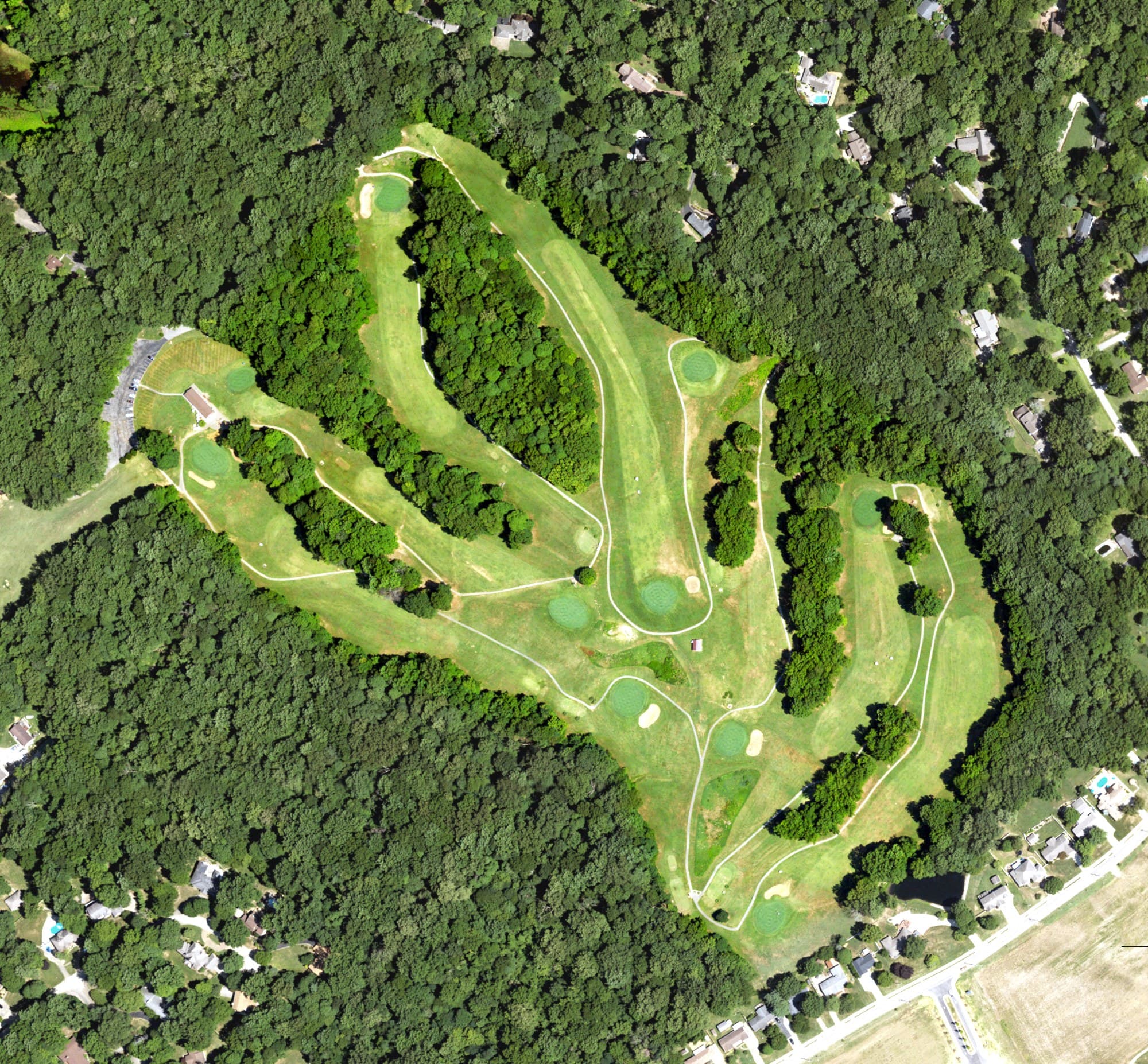 Aerial view of John James Audubon Golf Course, KY, with its hole routing marked
