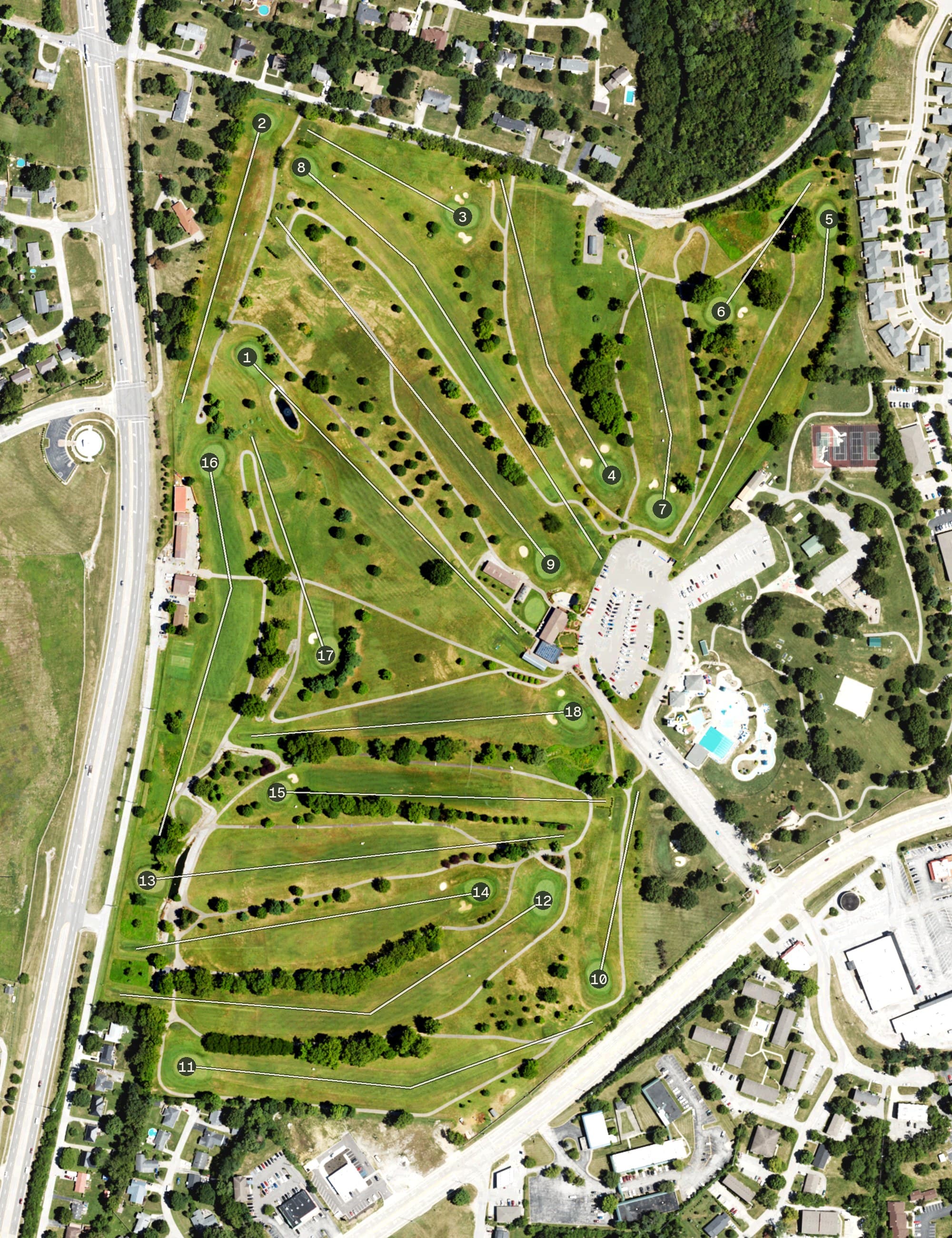 Aerial view of Juniper Hill Golf Course, KY, with its hole routing marked