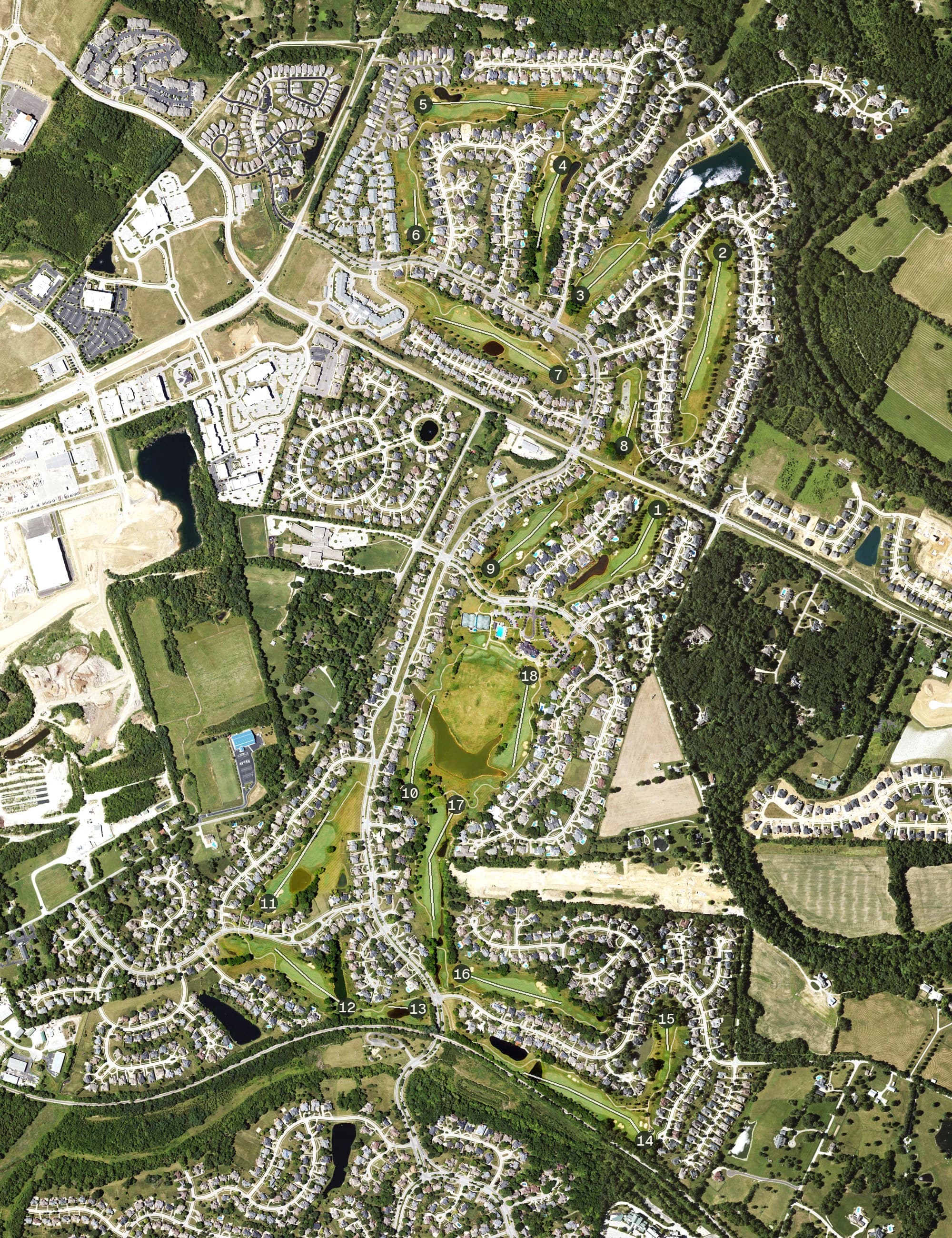 Aerial view of Lake Forest Country Club, KY, with its hole routing marked