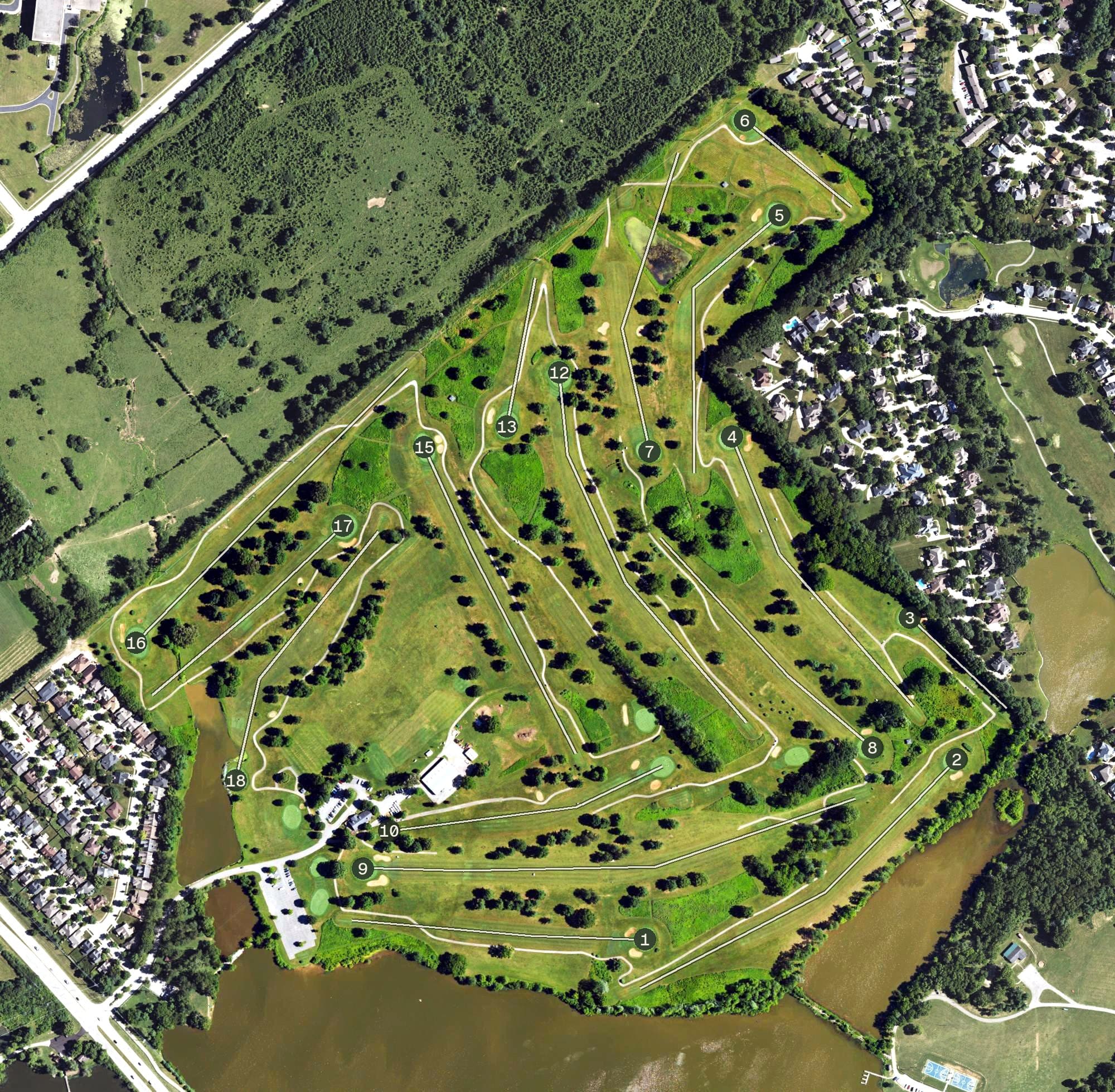 Aerial view of Lakeside Golf Course, KY, with its hole routing marked