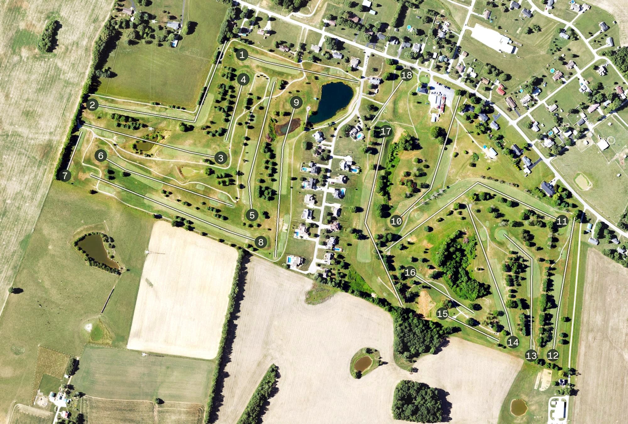 Aerial view of LaRue County Golf Course, KY, with its hole routing marked