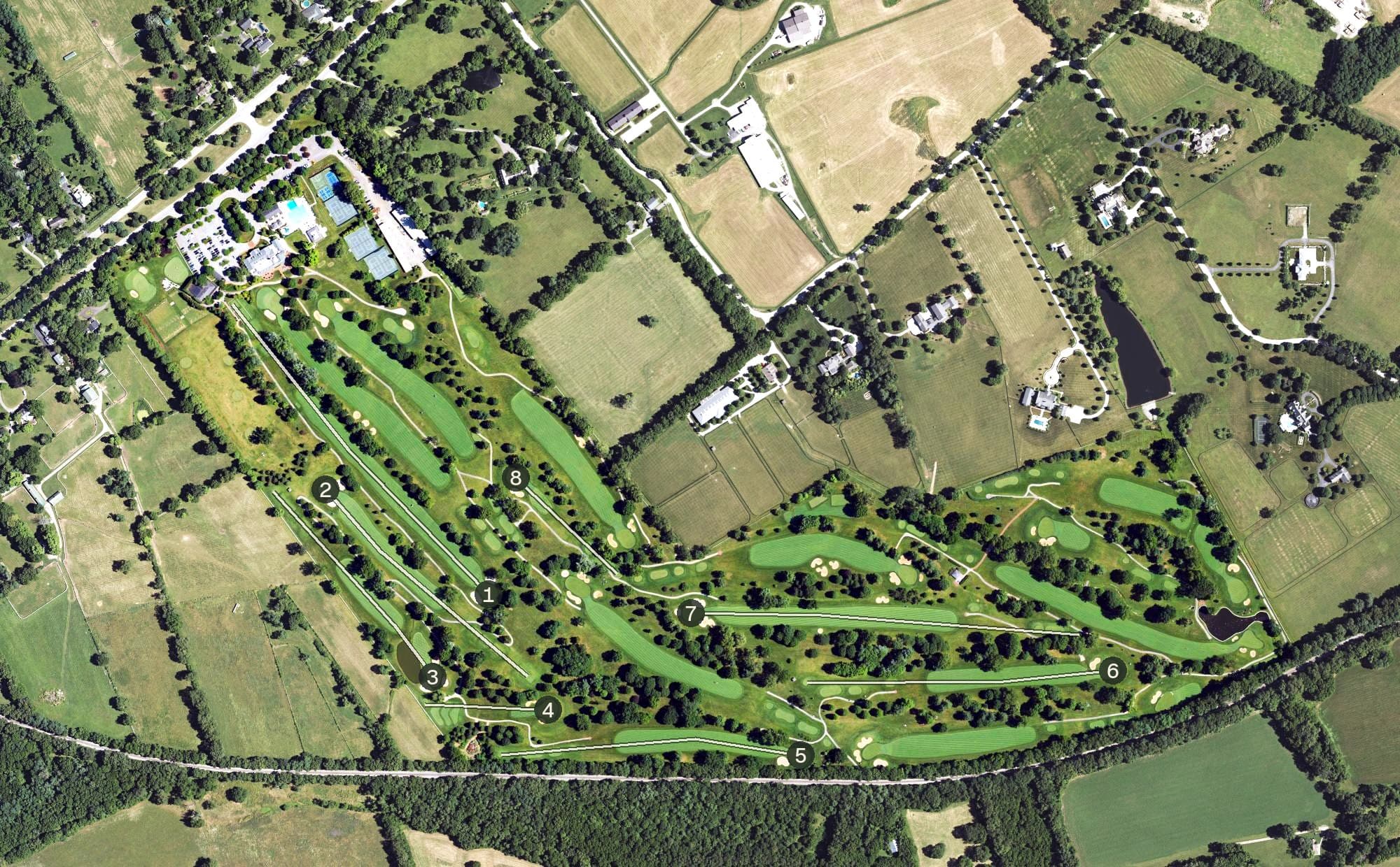 Aerial view of Lexington Country Club, KY, with its hole routing marked