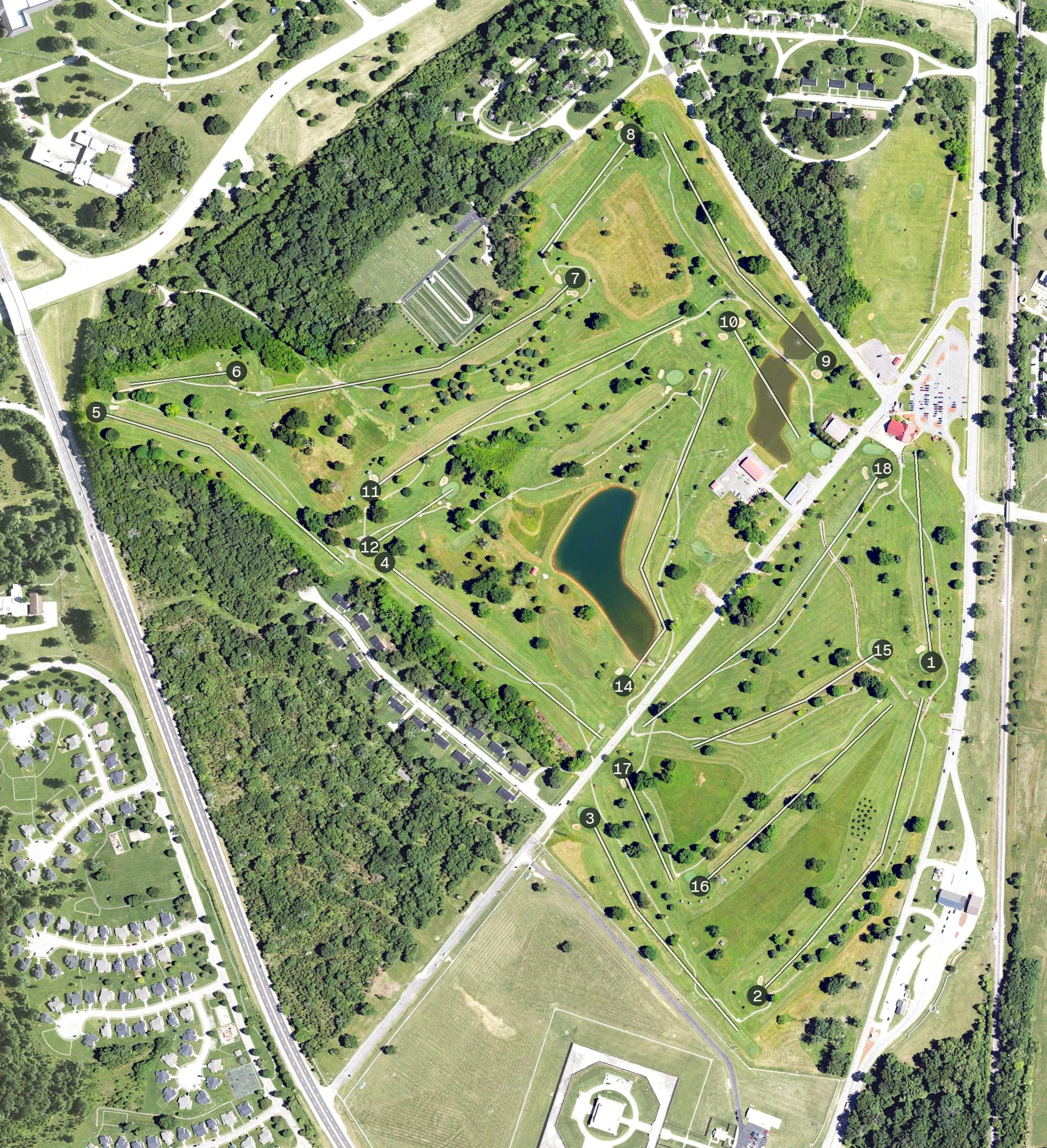 Aerial view of Lindsey Golf Course, KY, with its hole routing marked