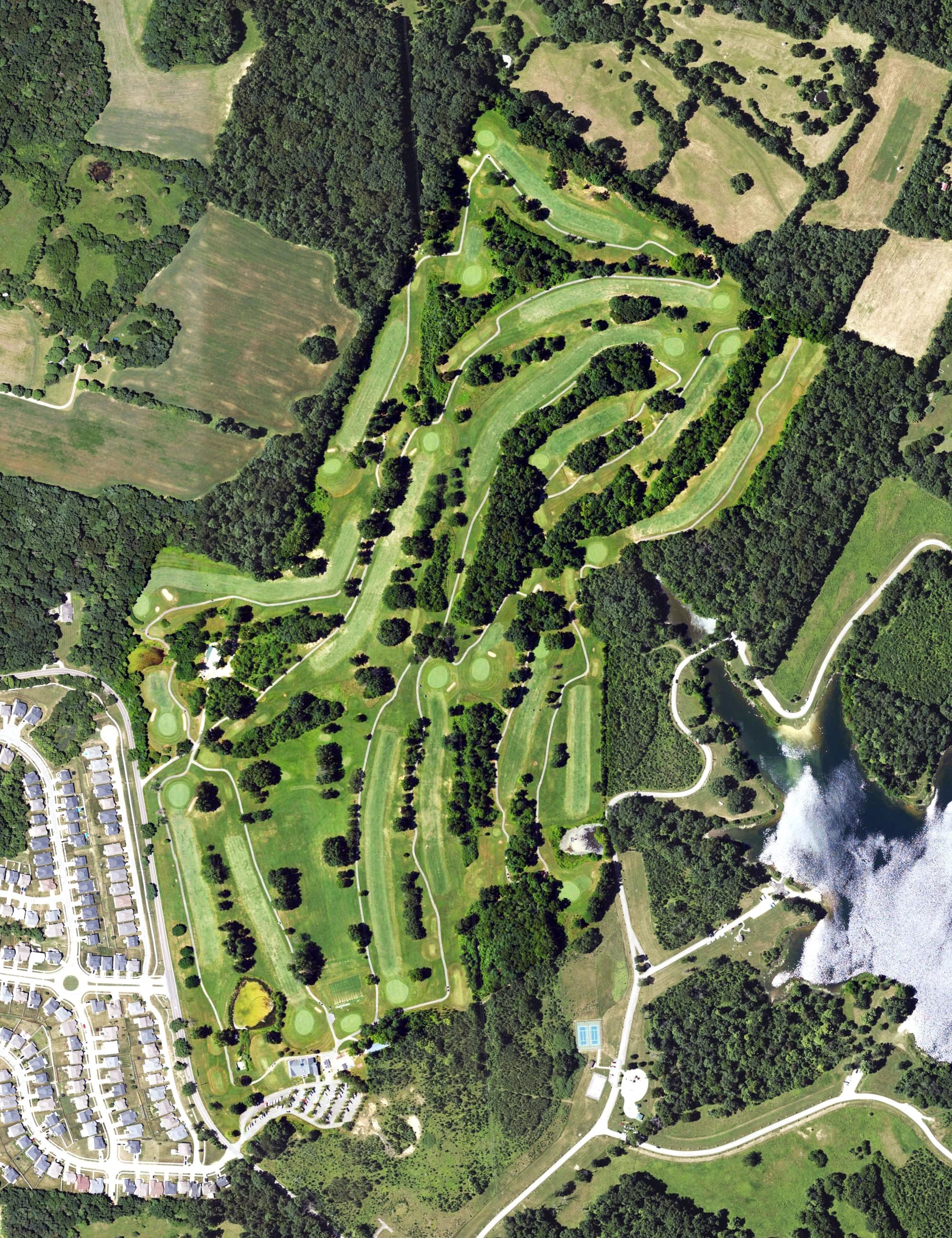 Aerial view of Long Run Golf Course, KY, with its hole routing marked