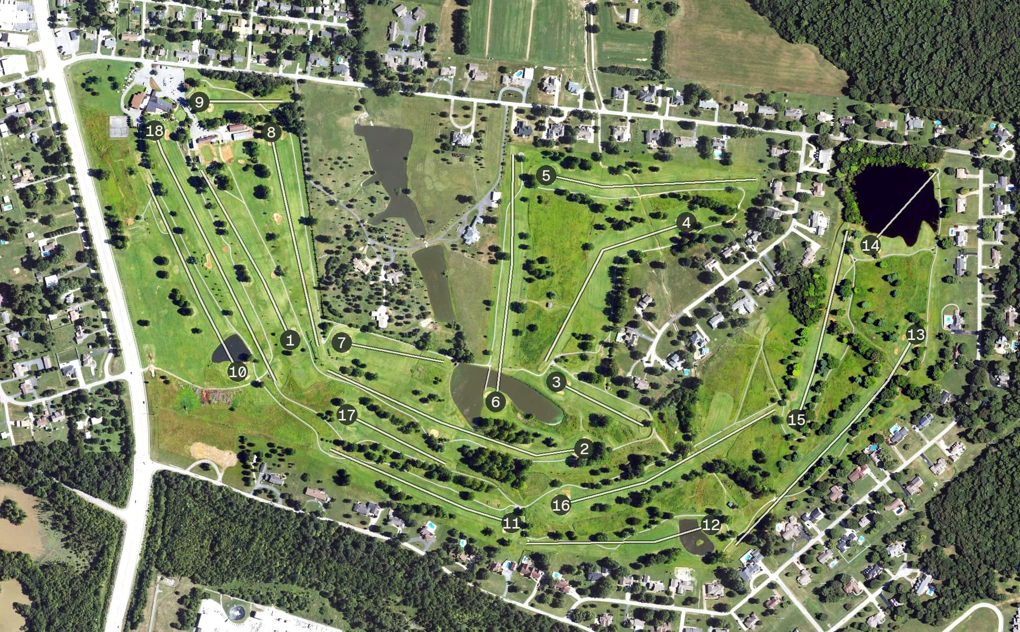 Aerial view of Madisonville Country Club, KY, with its hole routing marked