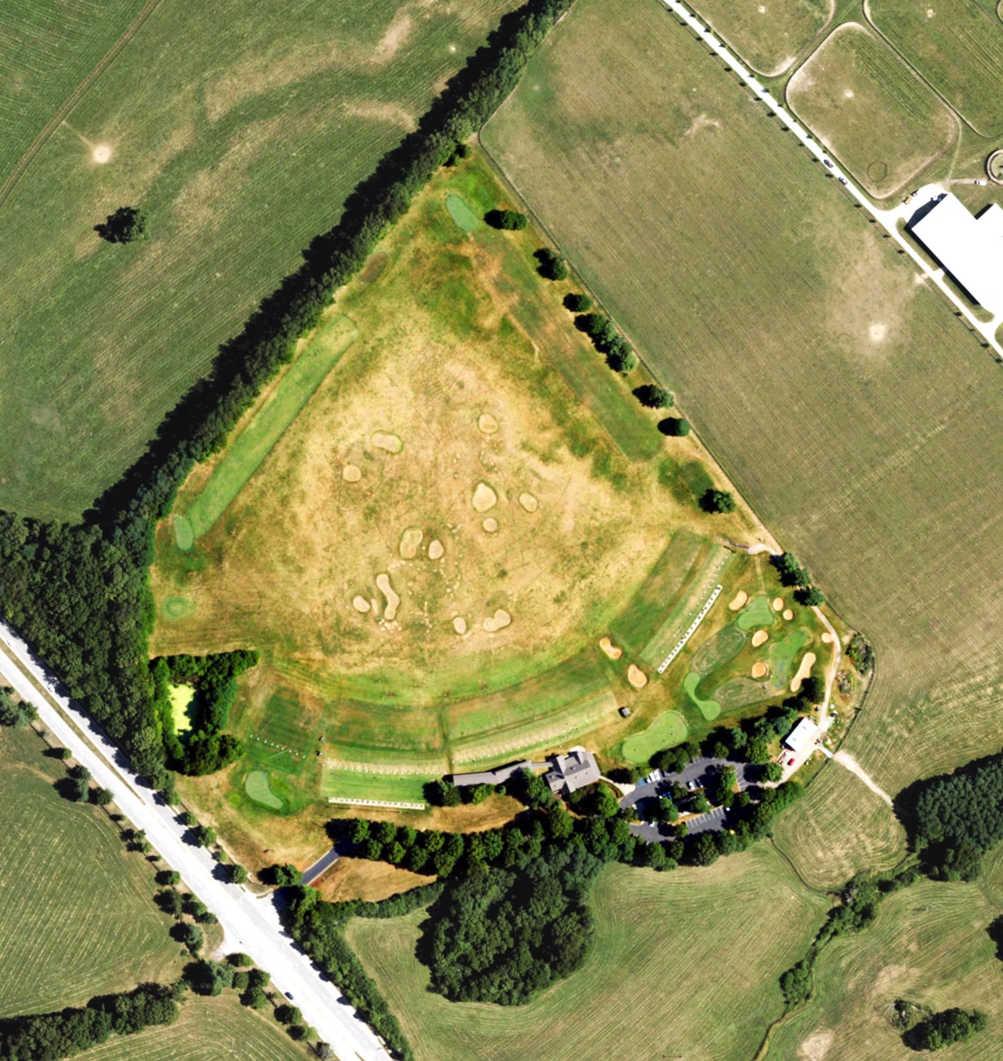 Aerial view of Man O' War Golf Learning Center, KY, with its hole routing marked