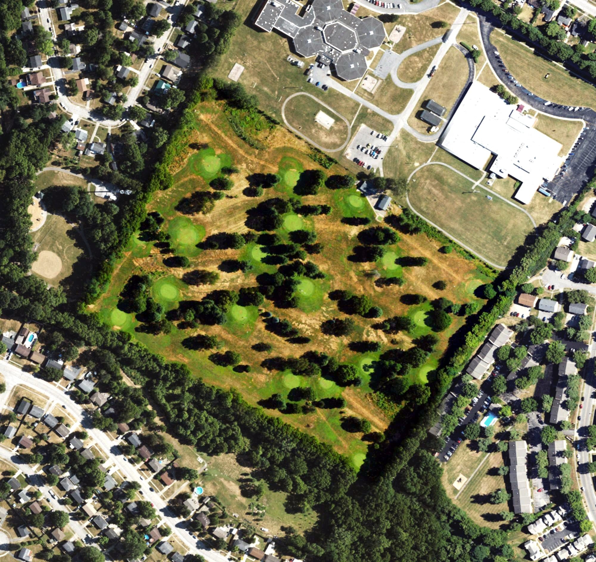 Aerial view of Meadowbrook Golf Course, KY, with its hole routing marked