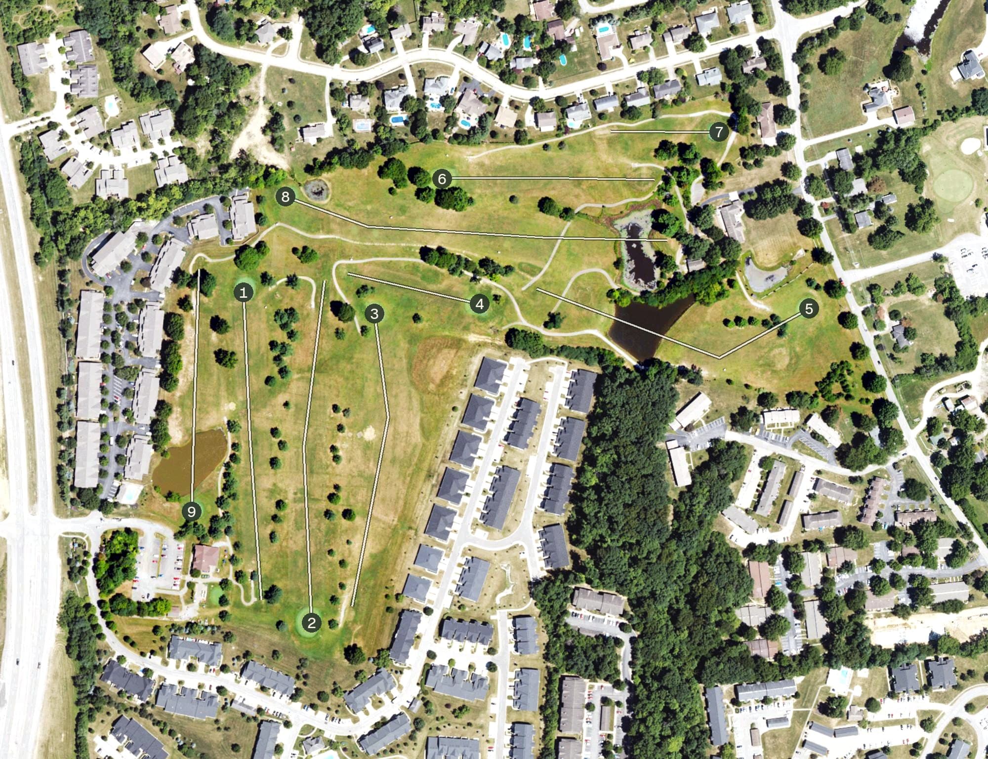 Aerial view of Meadowood Golf Course, KY, with its hole routing marked