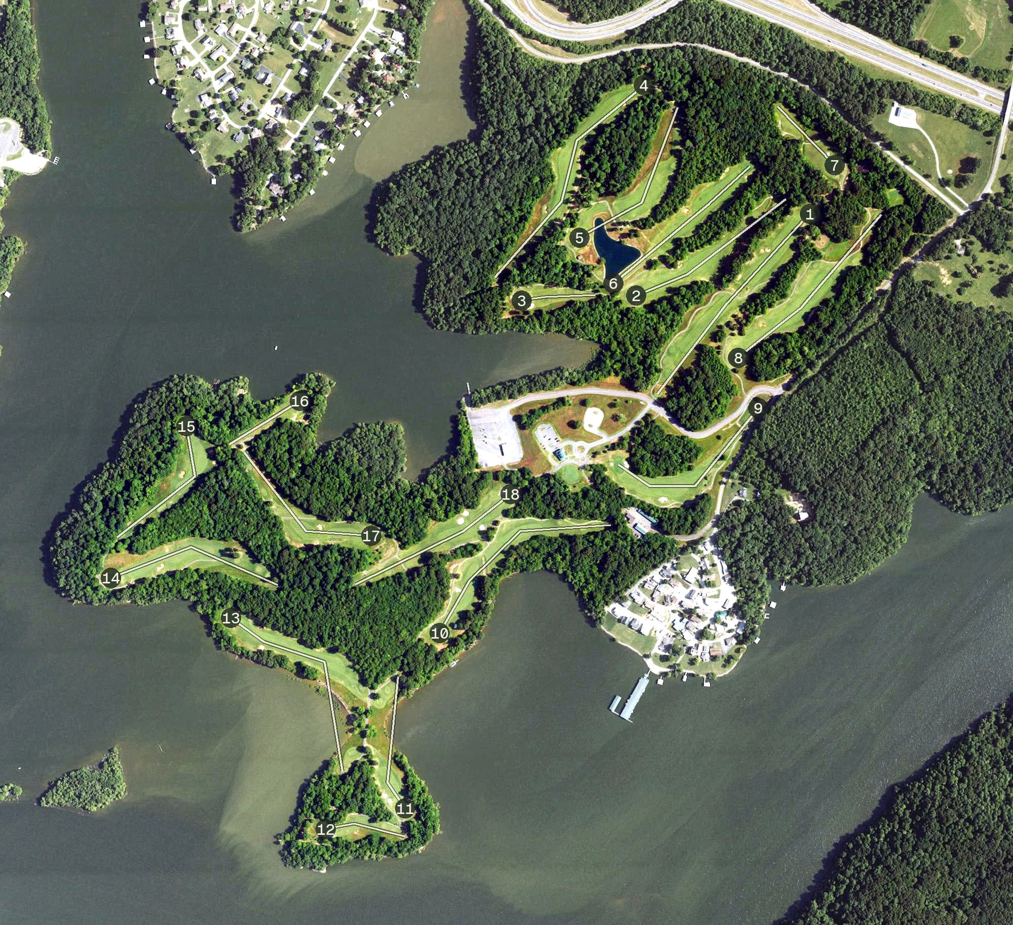 Aerial view of Mineral Mound State Park Golf Course, KY, with its hole routing marked