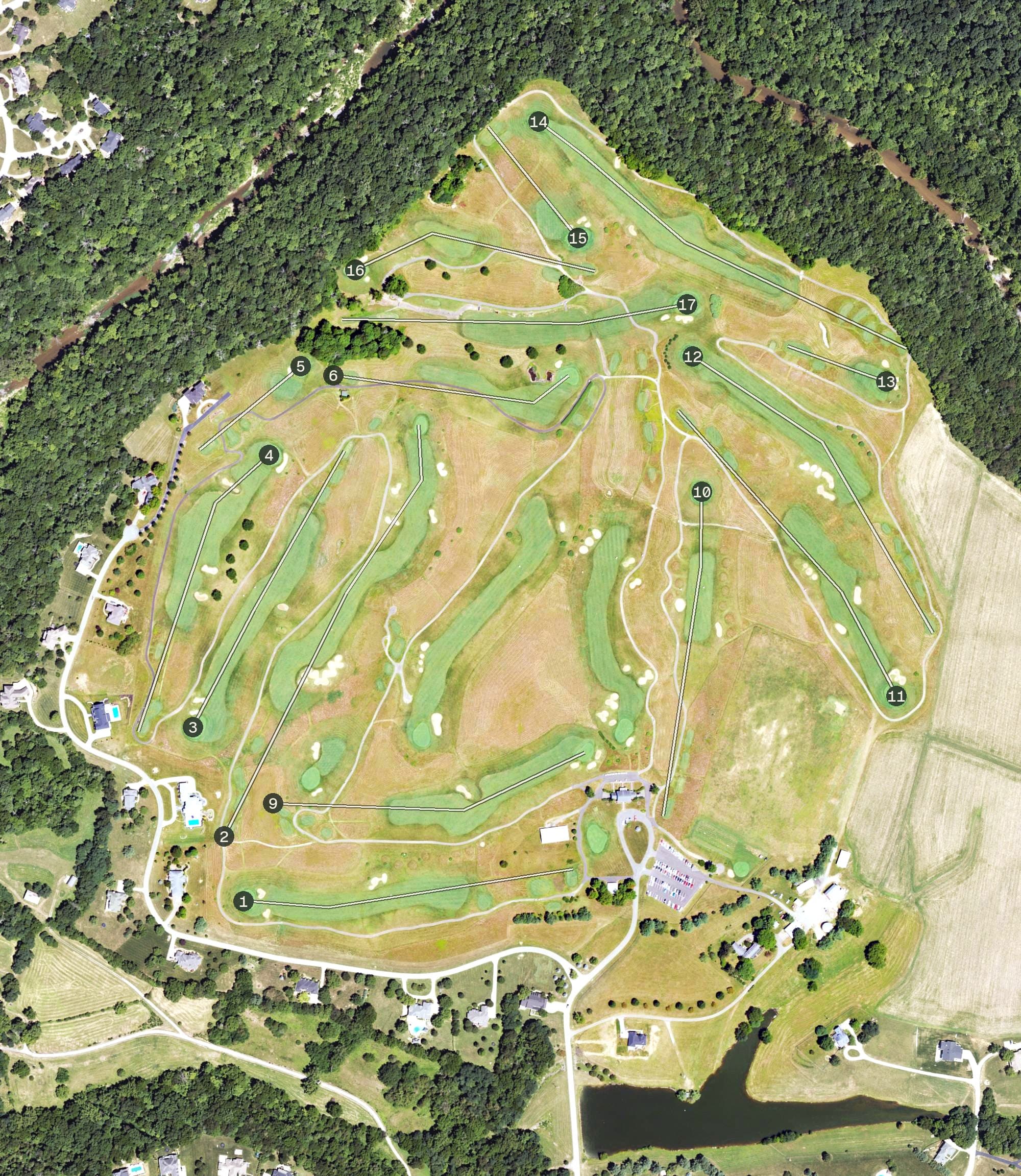 Aerial view of Nevel Meade Golf Course, KY, with its hole routing marked