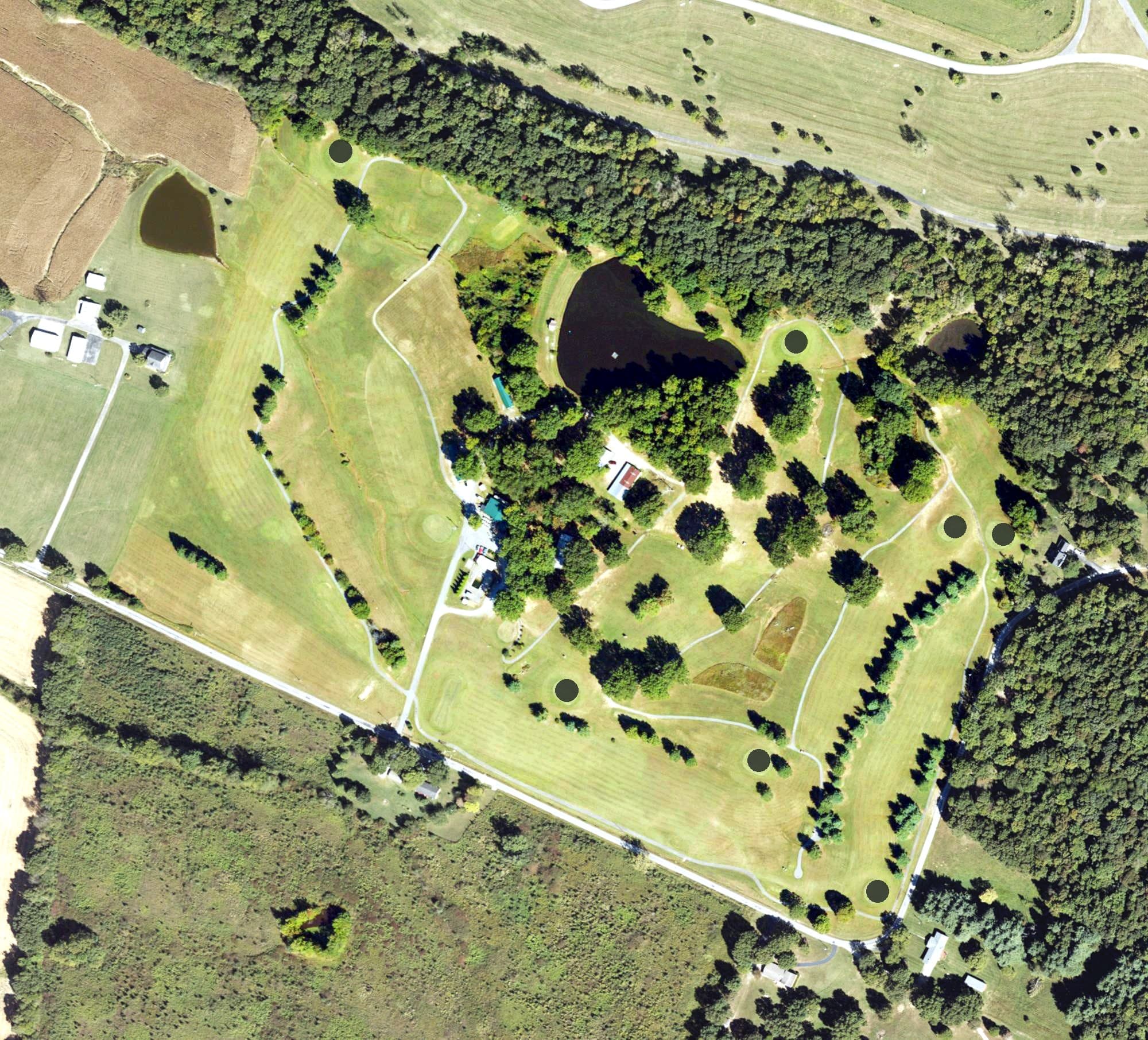 Aerial view of Ohio County Community Golf Course, KY, with its hole routing marked