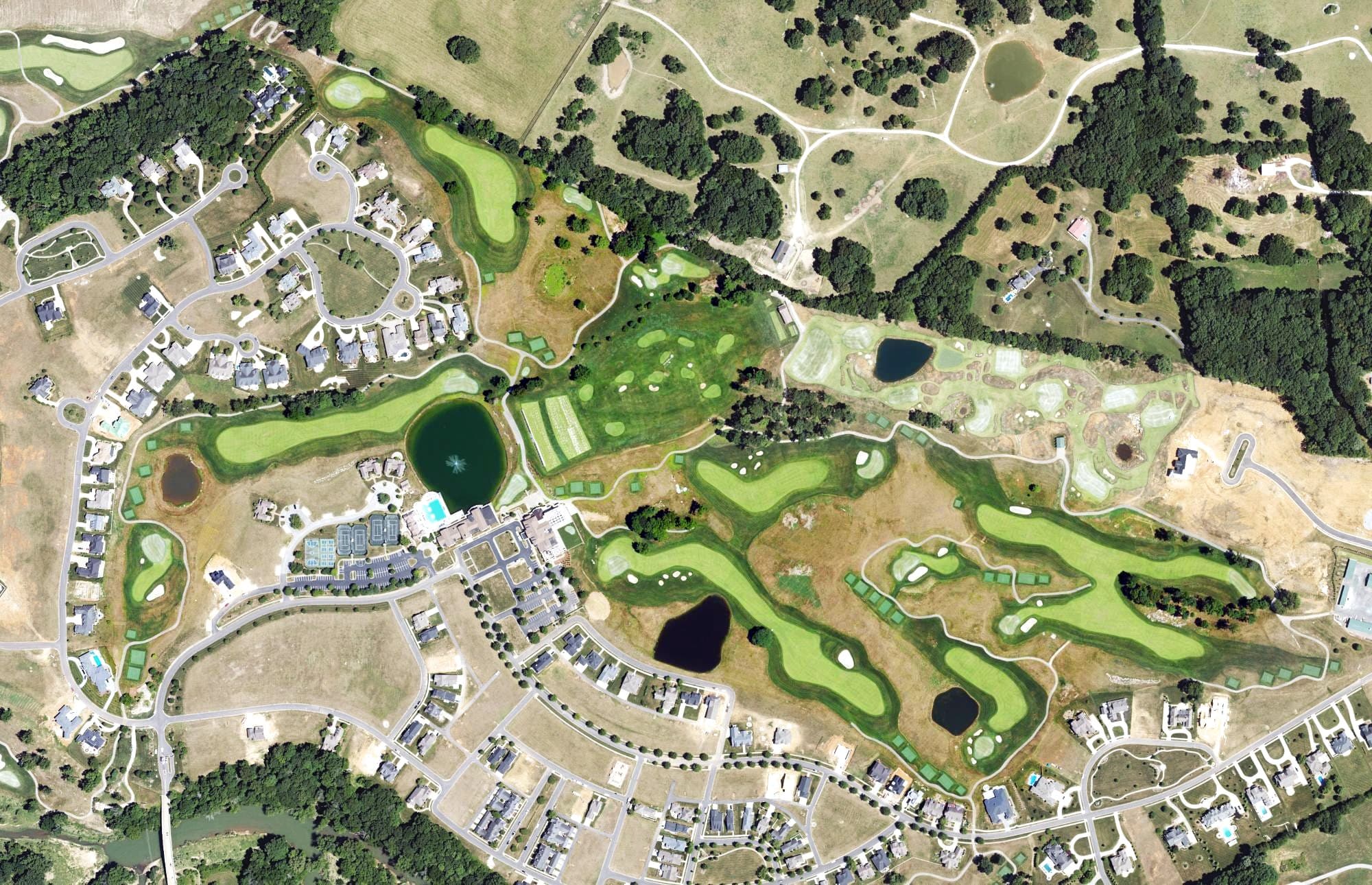 Aerial view of Olde Stone Golf Course, KY, with its hole routing marked