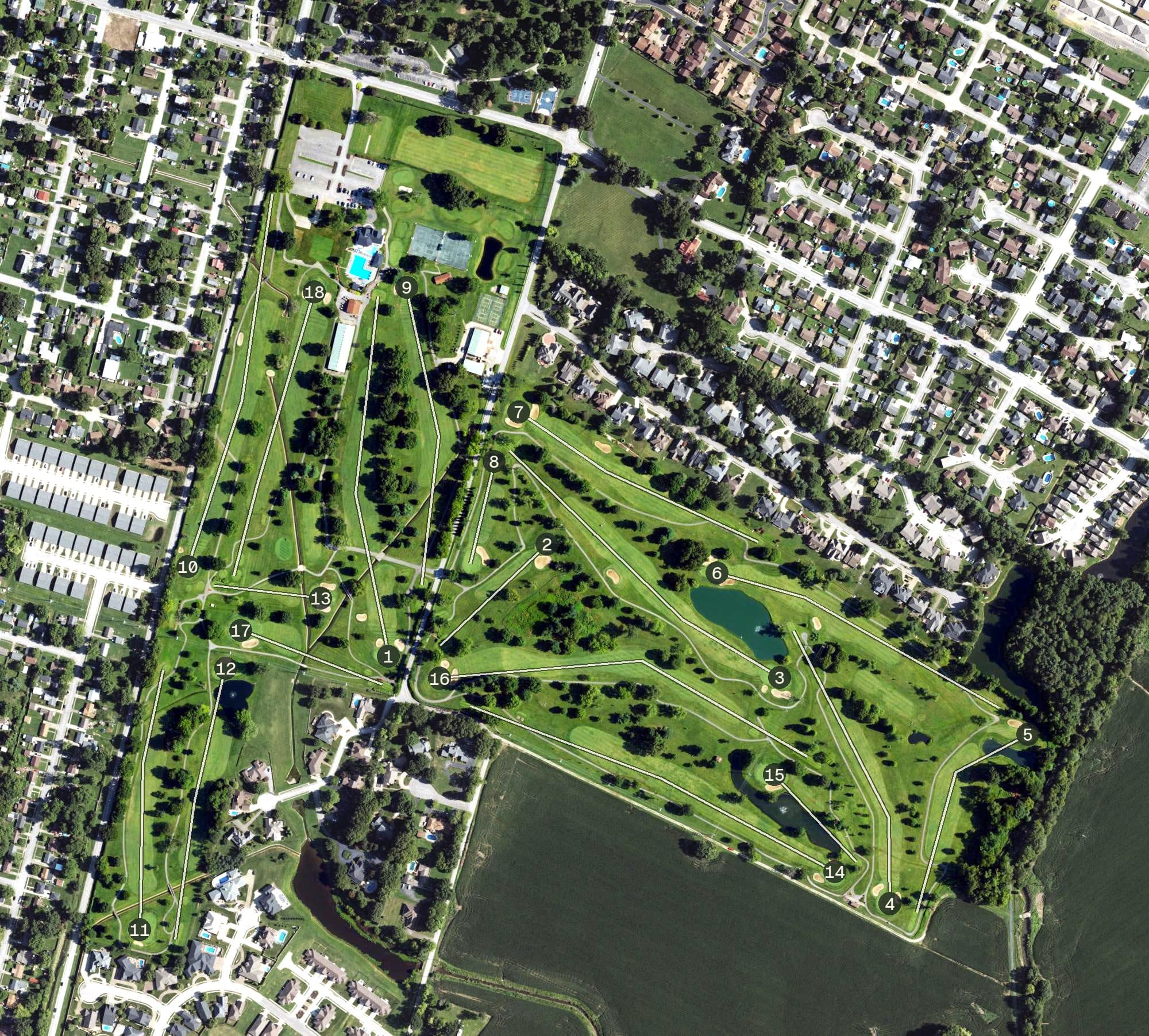 Aerial view of Owensboro Country Club, KY, with its hole routing marked