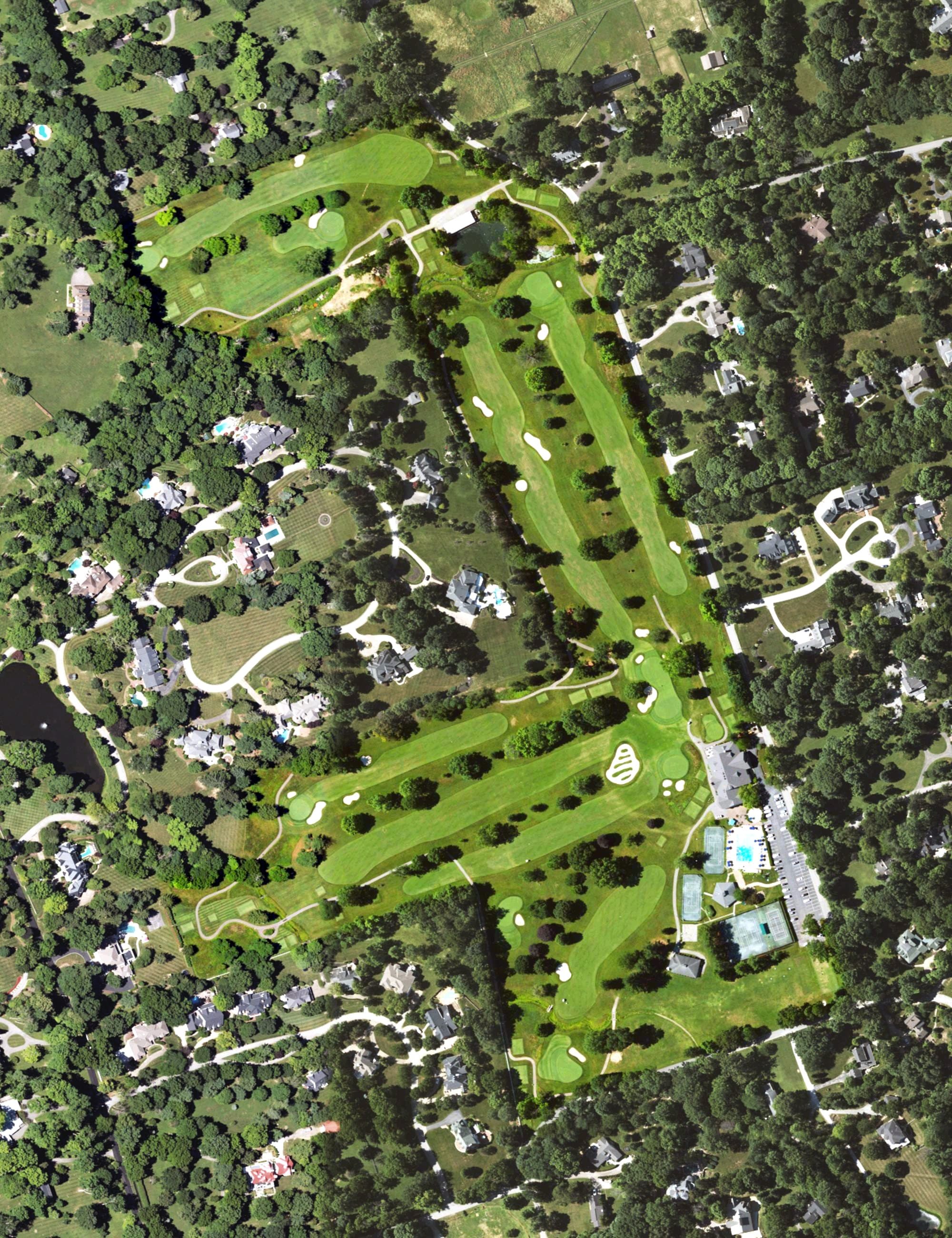 Aerial view of Owl Creek Country Club, KY, with its hole routing marked