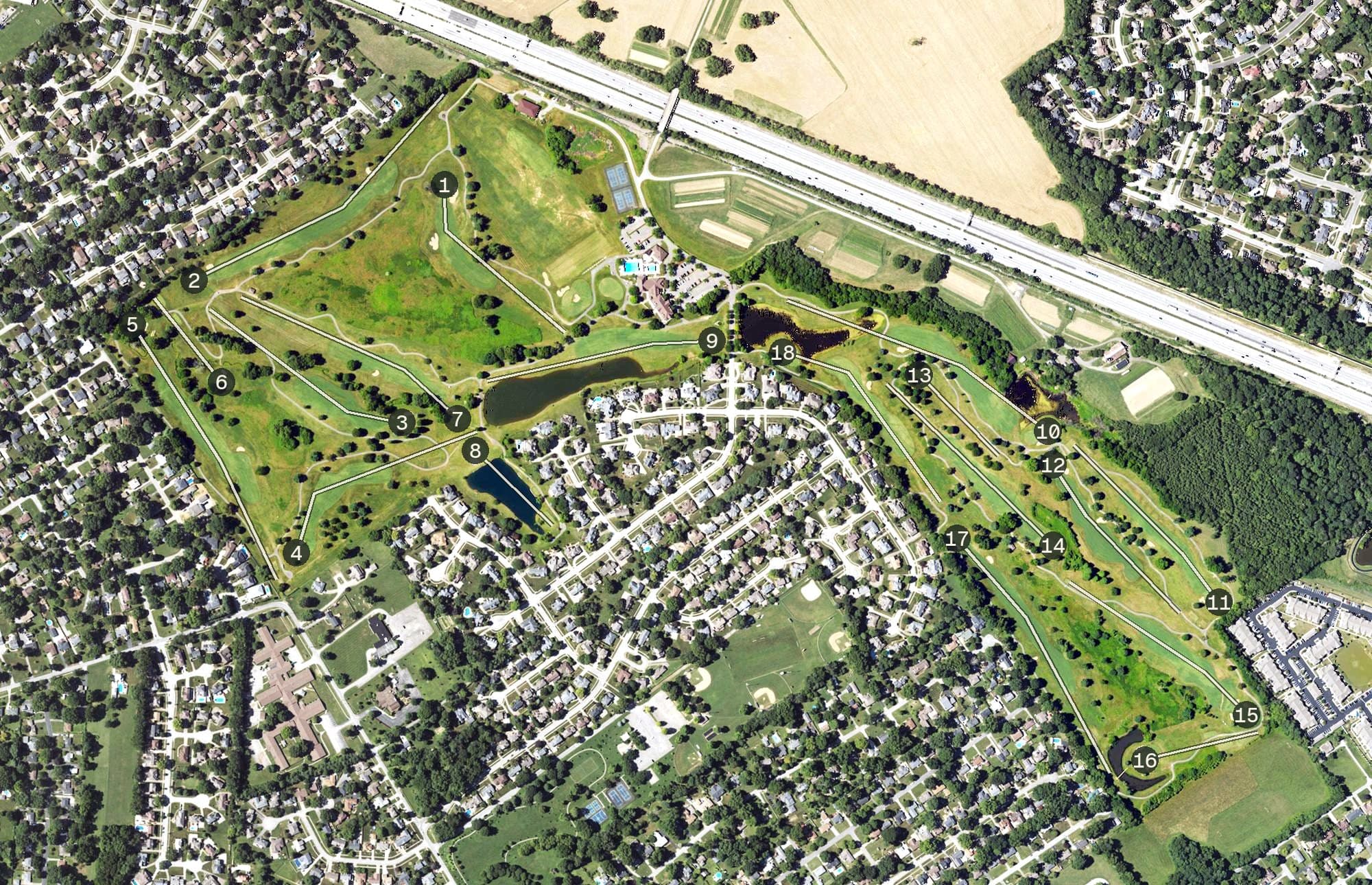 Aerial view of Oxmoor Country Club, KY, with its hole routing marked