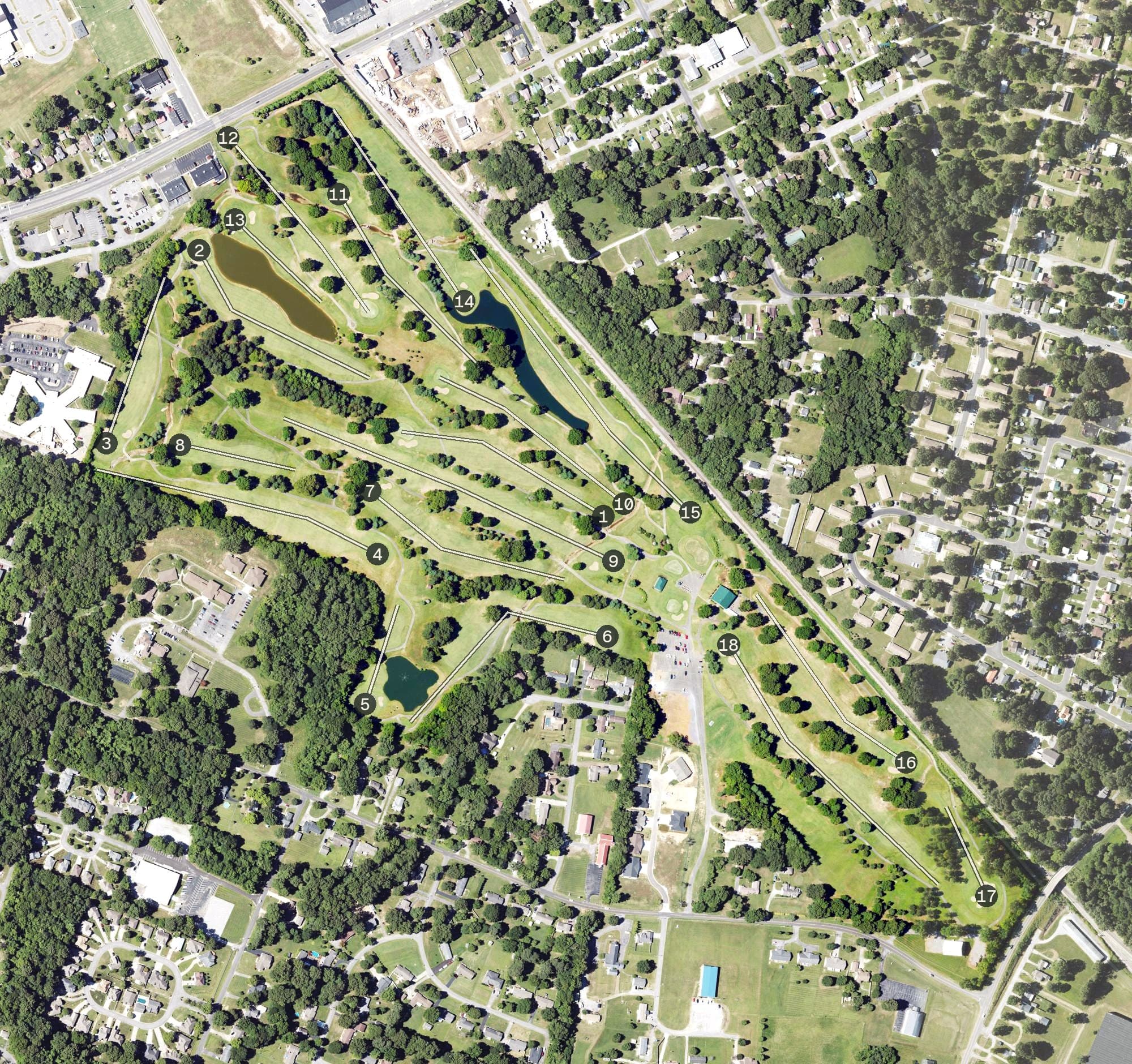 Aerial view of Paxton Park Golf Course, KY, with its hole routing marked