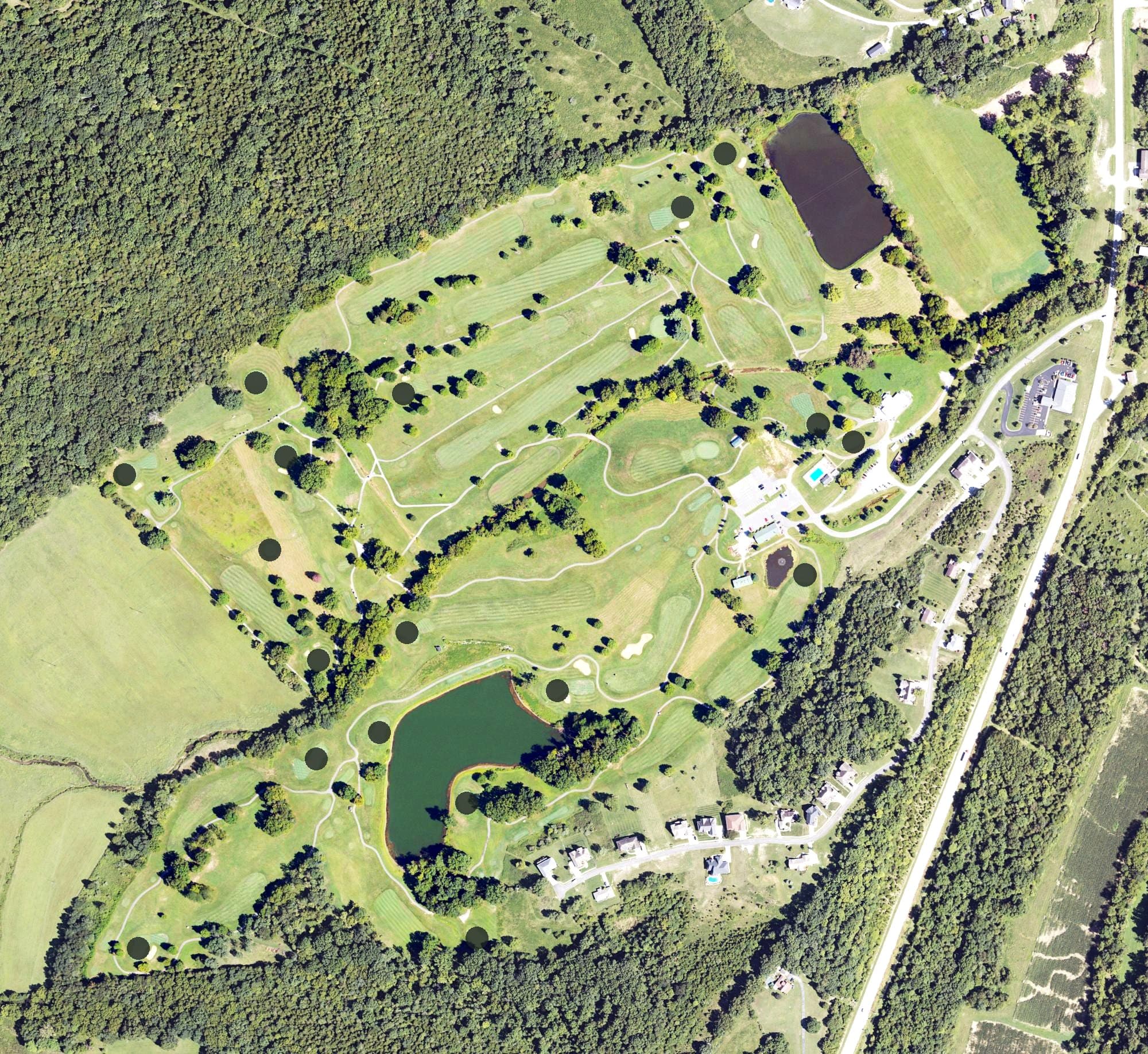 Aerial view of Pendleton Hills, KY, with its hole routing marked