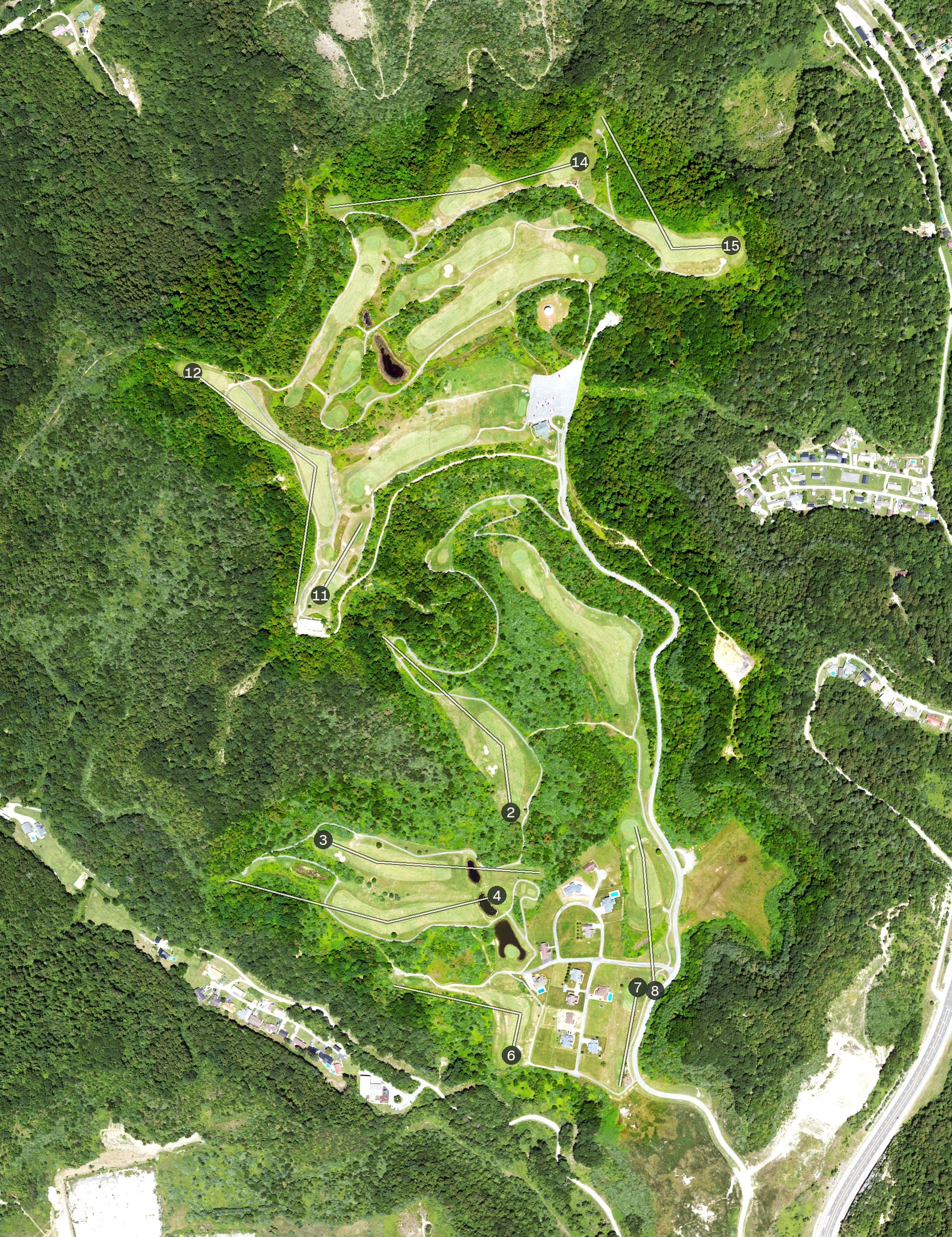 Aerial view of Raven Rock Golf Course, KY, with its hole routing marked