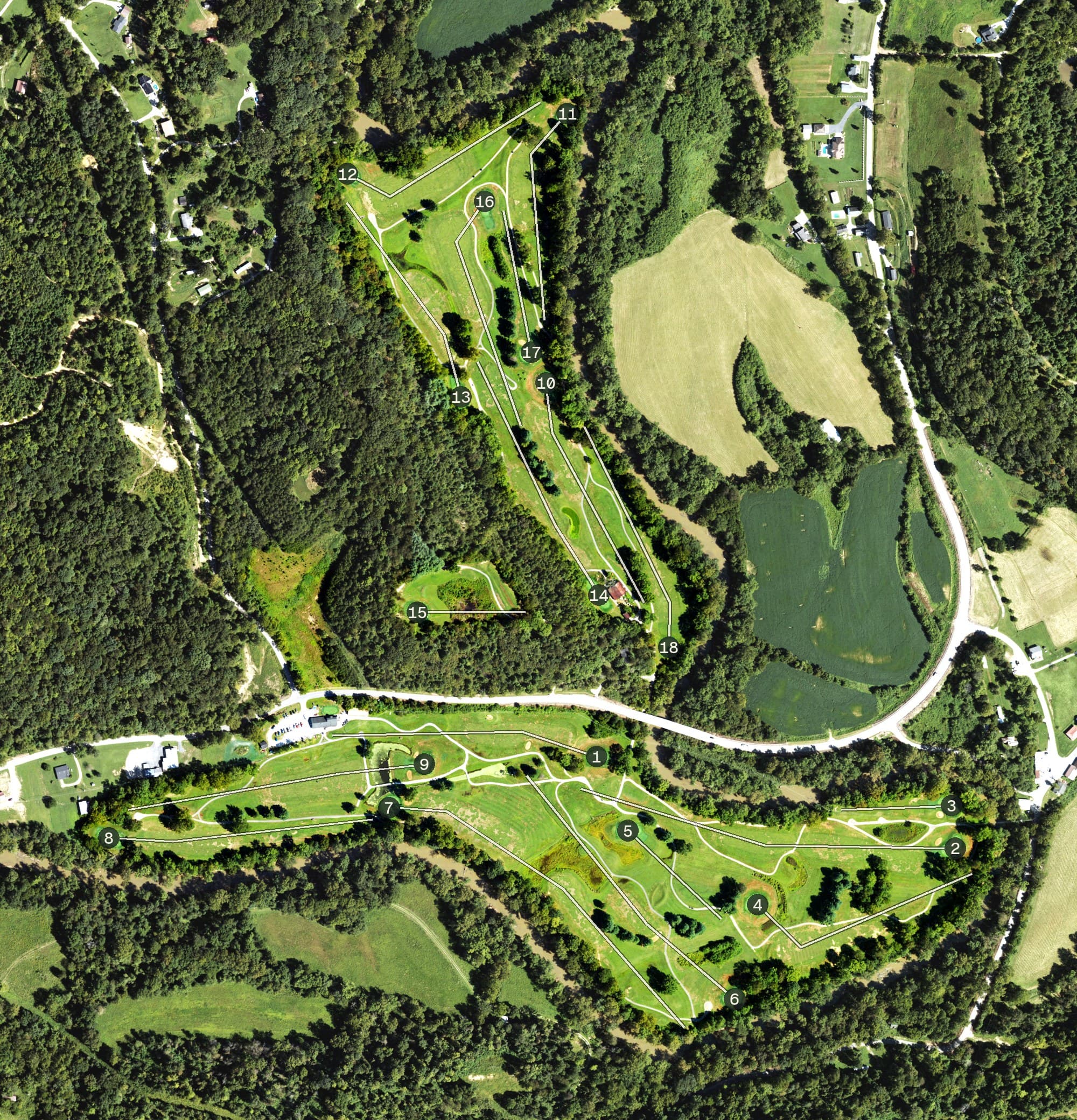 Aerial view of River Bend Golf Club, KY, with its hole routing marked