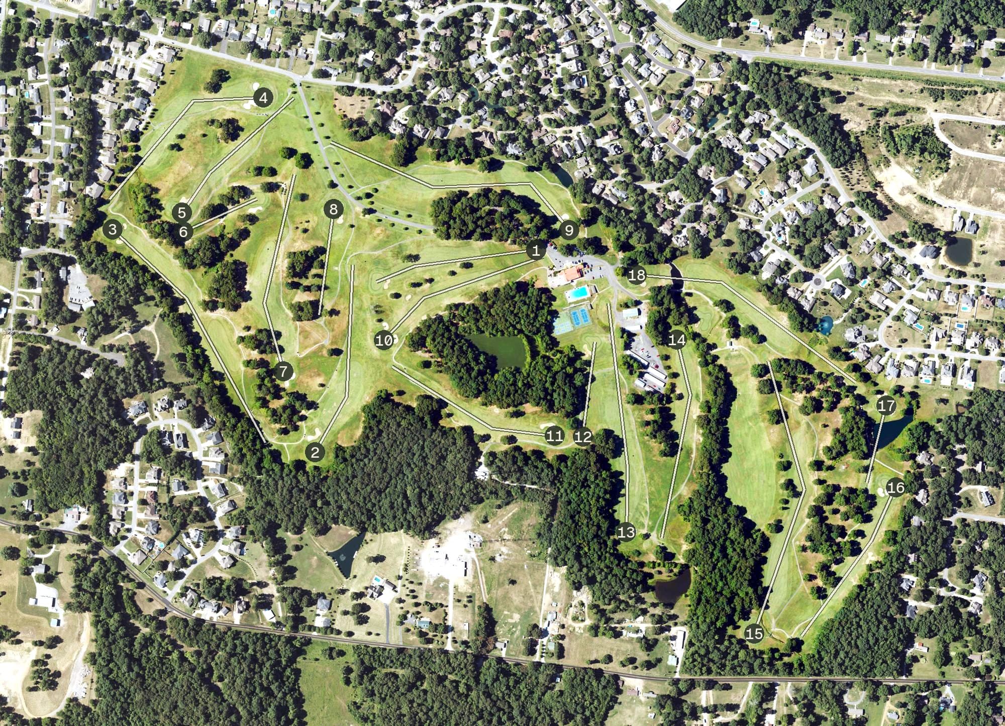 Aerial view of Rolling Hills Country Club, KY, with its hole routing marked