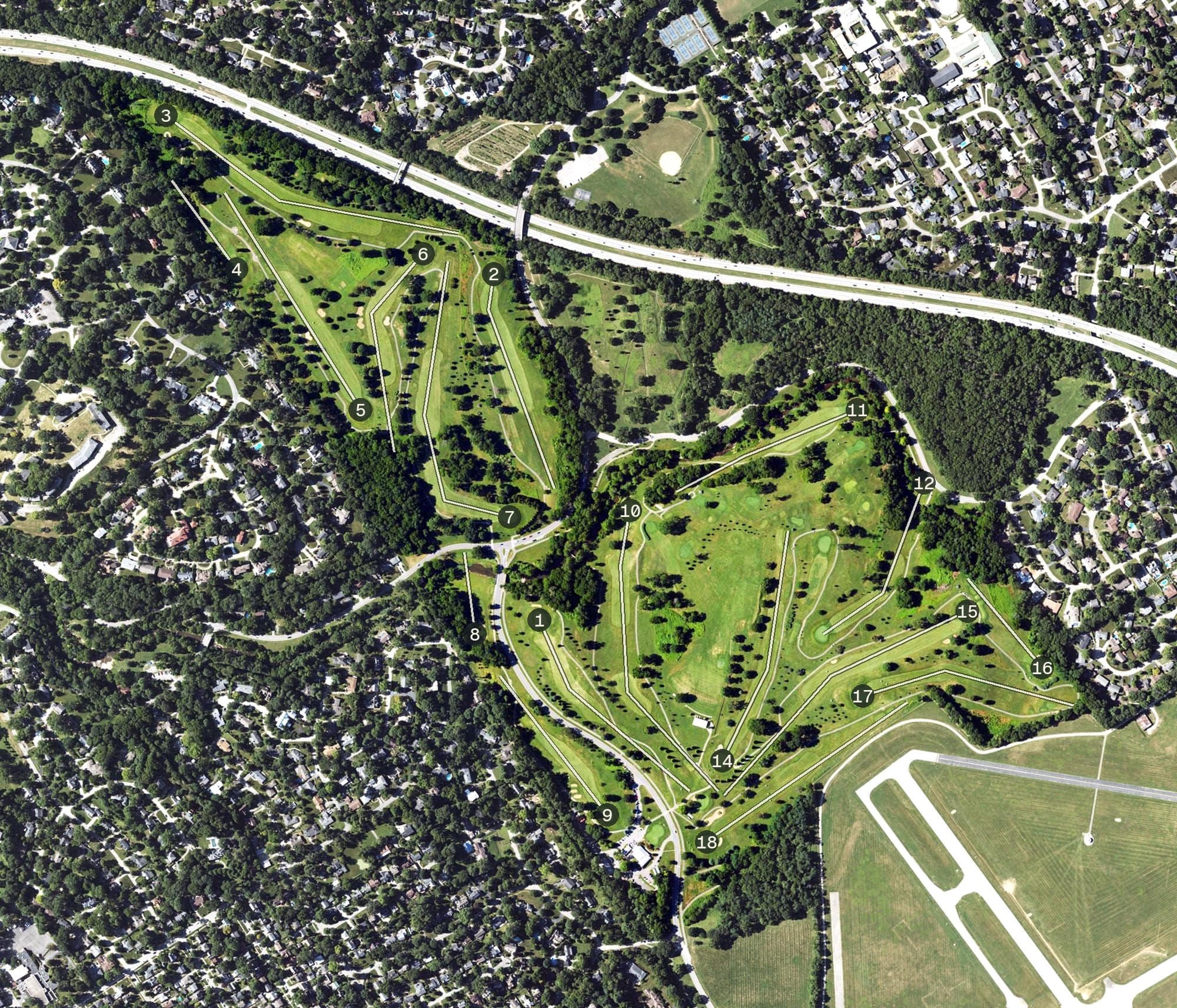 Aerial view of Seneca Golf Course, KY, with its hole routing marked